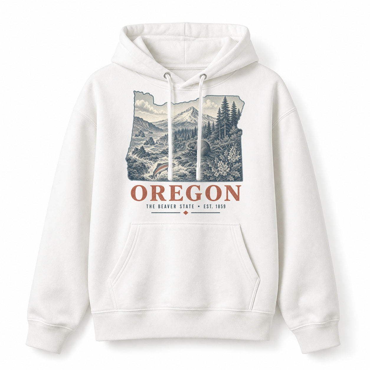 Vintage Oregon State Graphic Pullover Hoodie in White, front view on a white background