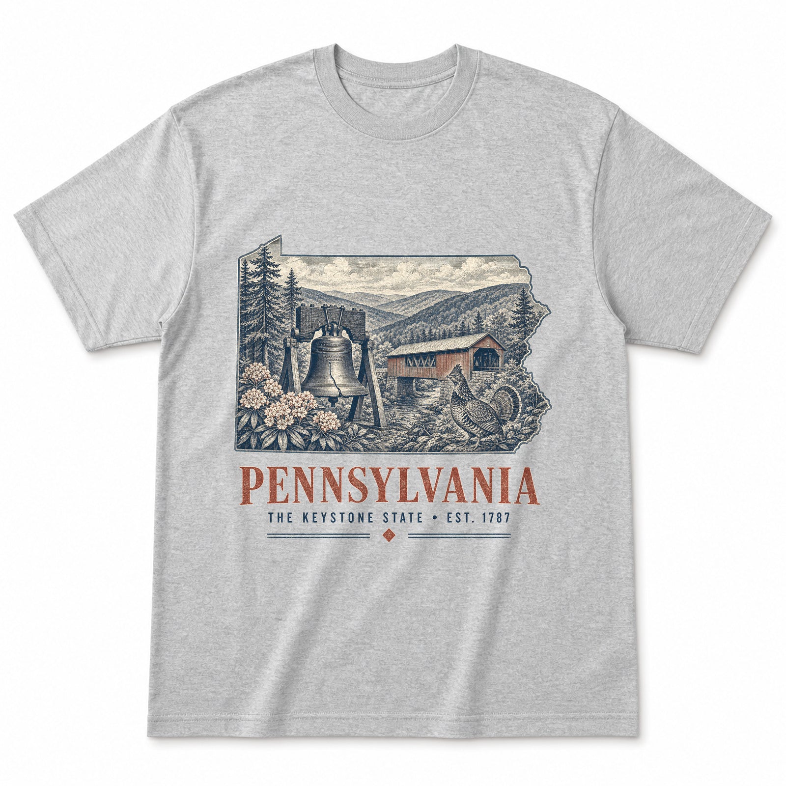 Vintage Pennsylvania State Graphic T-Shirt in Heather Gray, front view on a white background