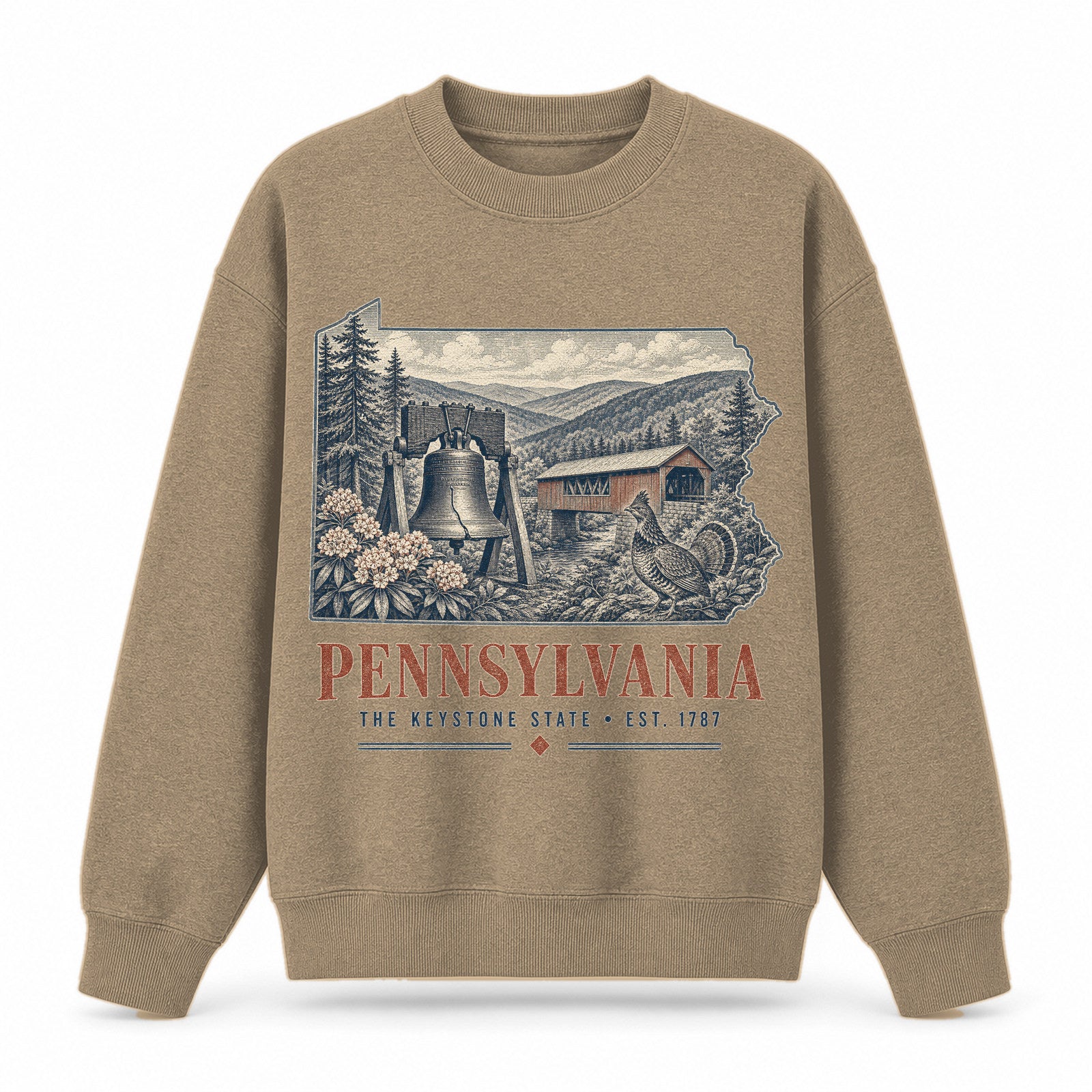 Vintage Pennsylvania State Graphic Crewneck Sweatshirt in Khaki, front view on a white background