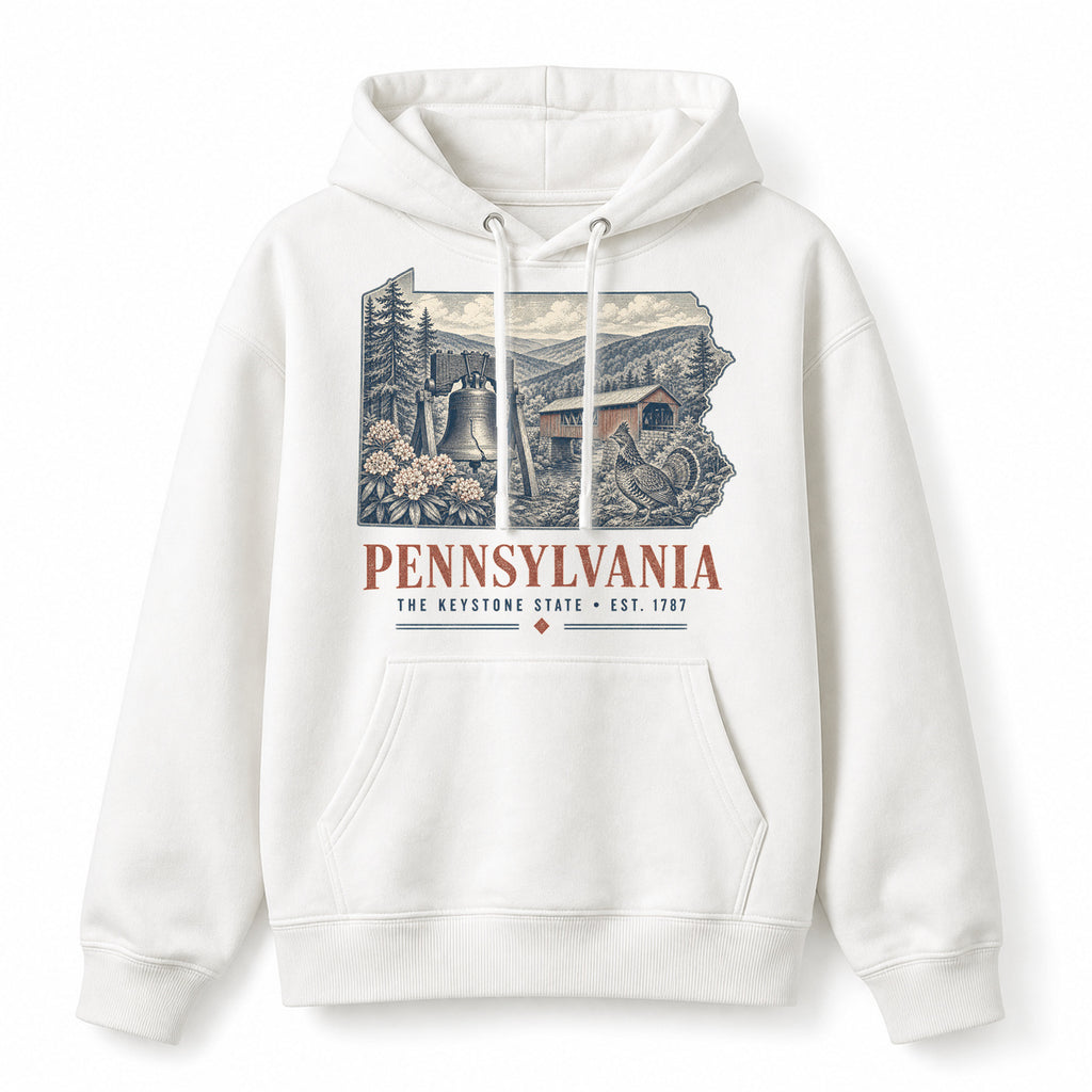 Vintage Pennsylvania State Graphic Pullover Hoodie in White, front view on a white background