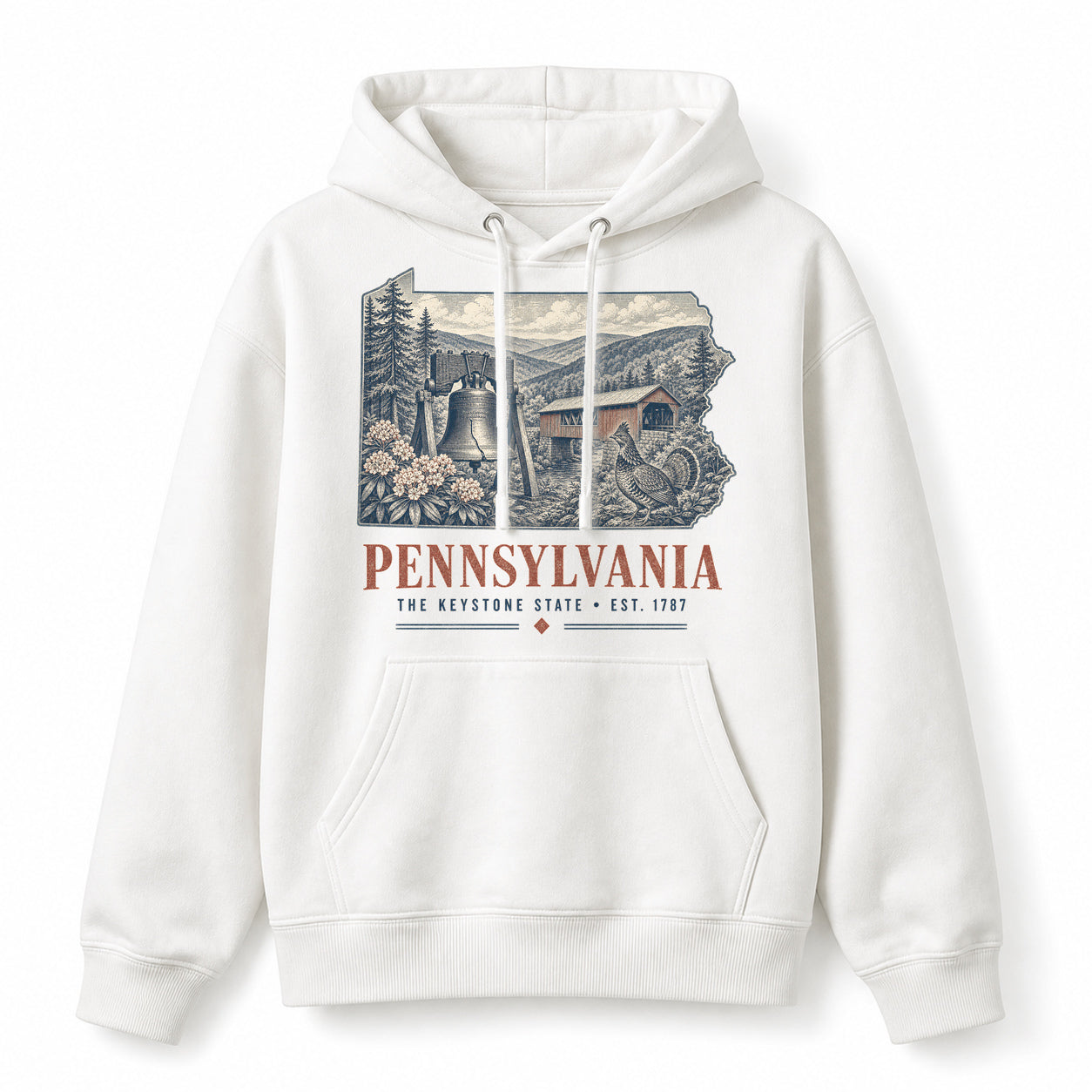 Vintage Pennsylvania State Graphic Pullover Hoodie in White, front view on a white background