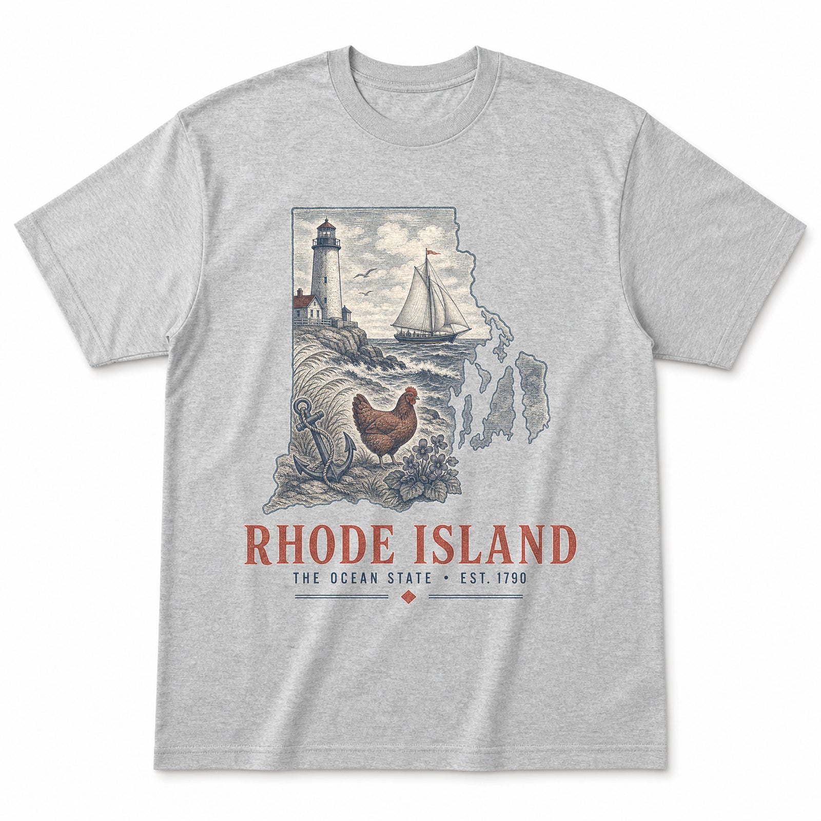 Vintage Rhode Island State Graphic T-Shirt in Heather Gray, front view on a white background