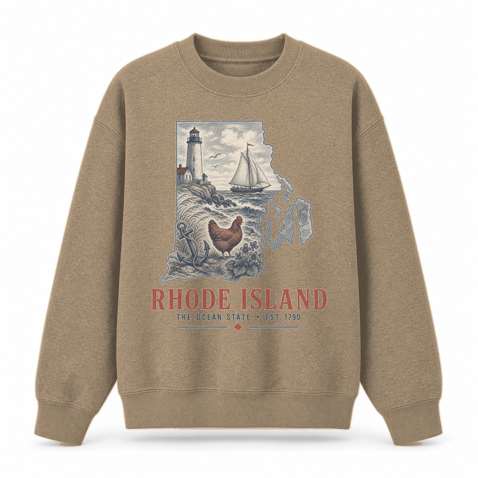 Vintage Rhode Island State Graphic Crewneck Sweatshirt in Khaki, front view on a white background
