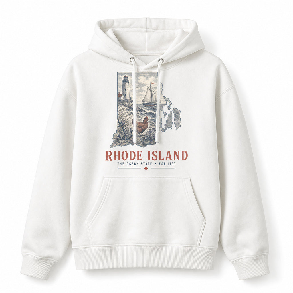 Vintage Rhode Island State Graphic Pullover Hoodie in White, front view on a white background
