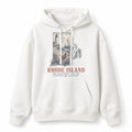 Vintage Rhode Island State Graphic Pullover Hoodie in White, front view on a white background