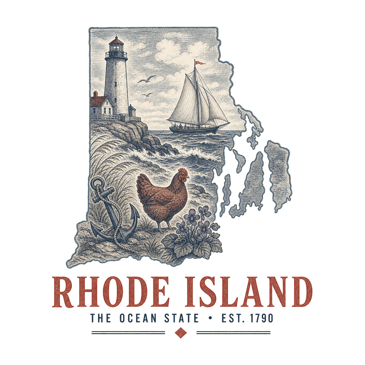 Rhode Island vintage state artwork on a white background
