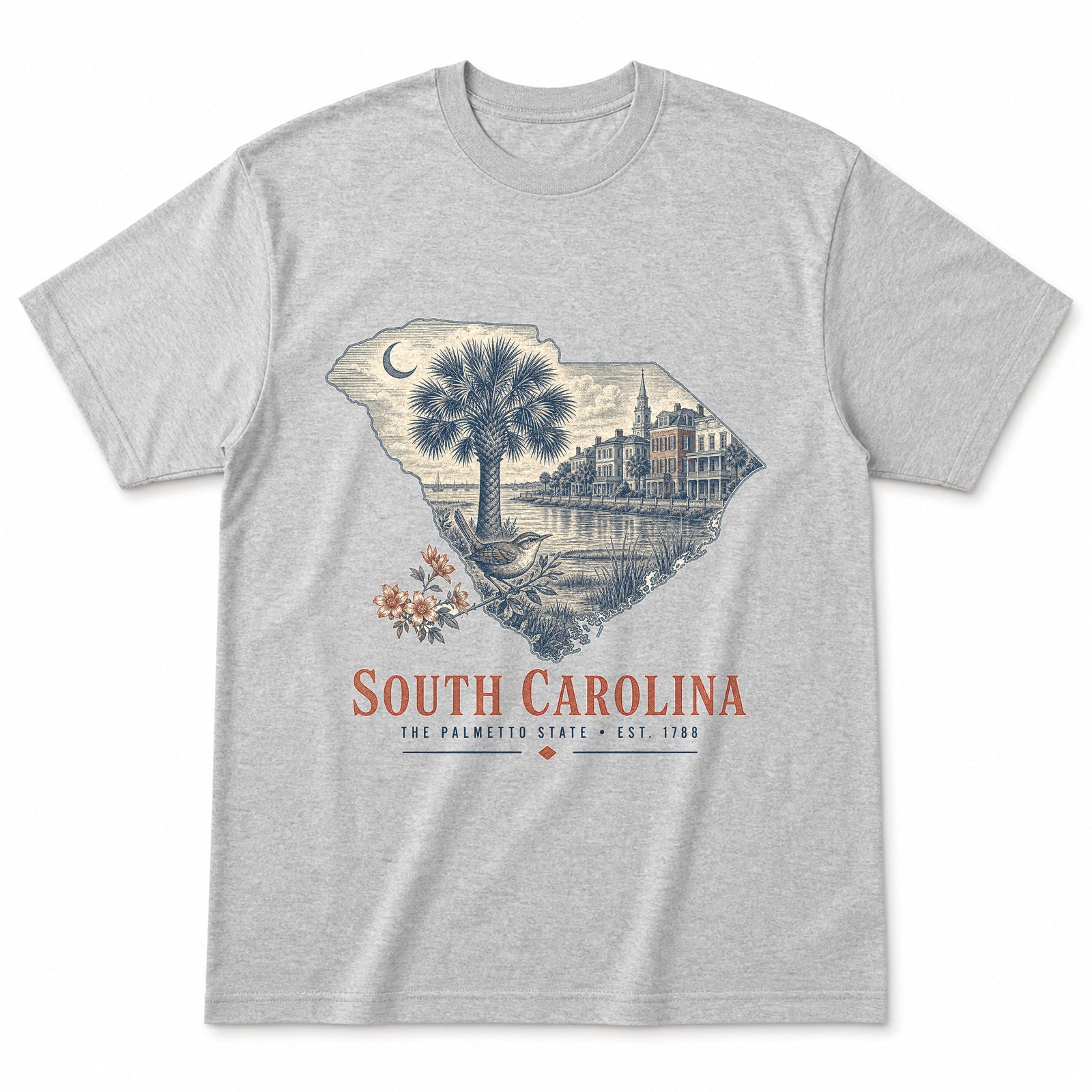 Vintage South Carolina State Graphic T-Shirt in Heather Gray, front view on a white background