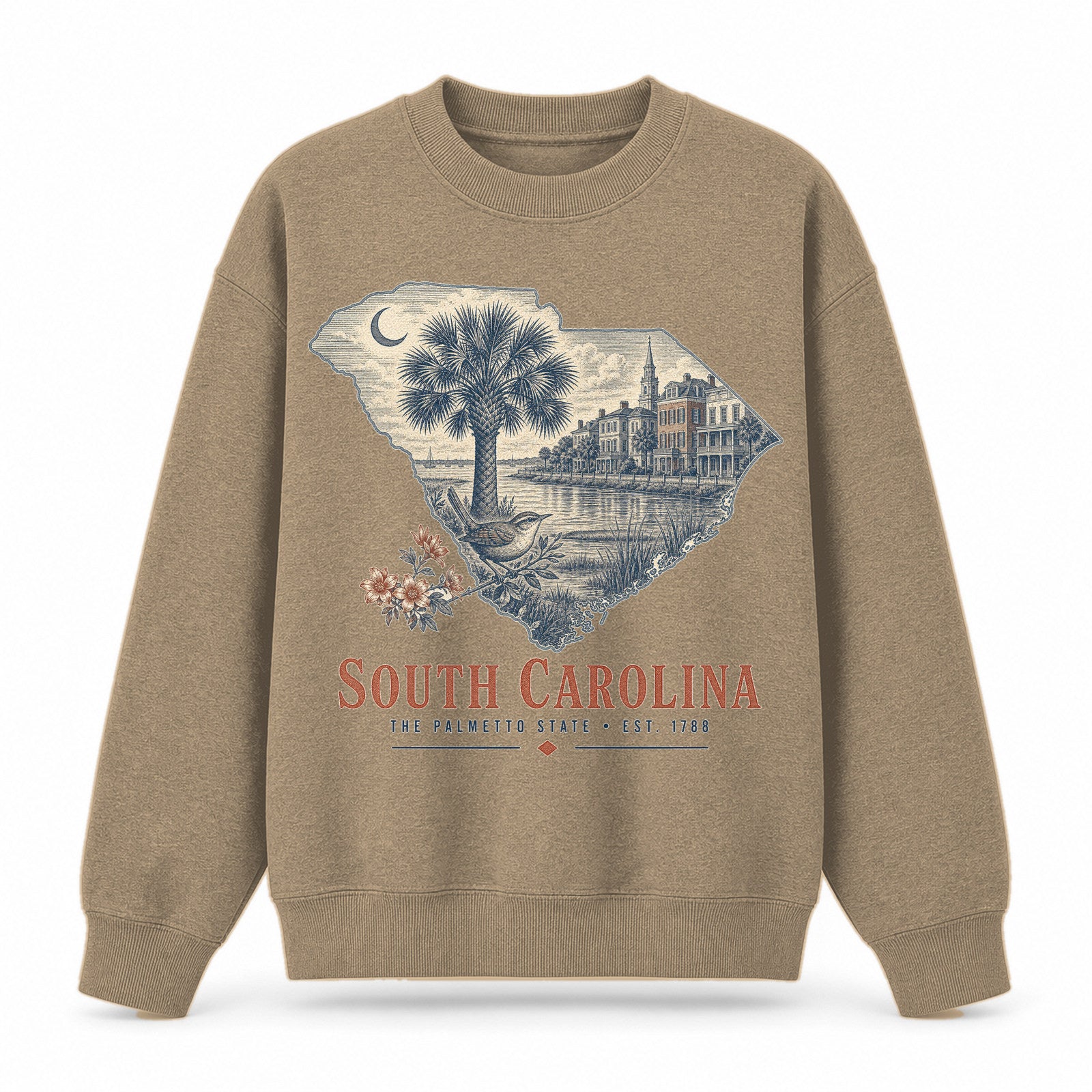 Vintage South Carolina State Graphic Crewneck Sweatshirt in Khaki, front view on a white background