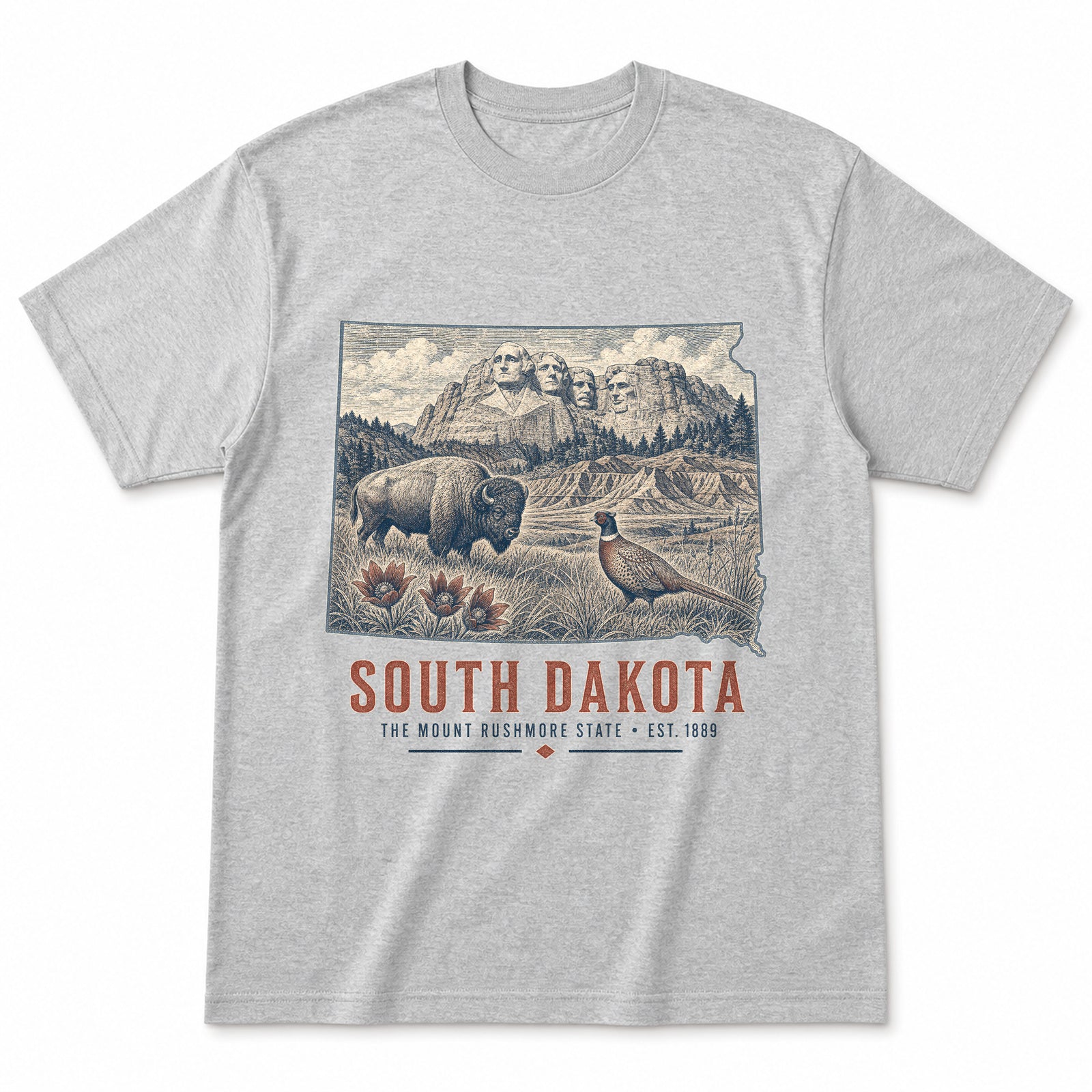 Vintage South Dakota State Graphic T-Shirt in Heather Gray, front view on a white background