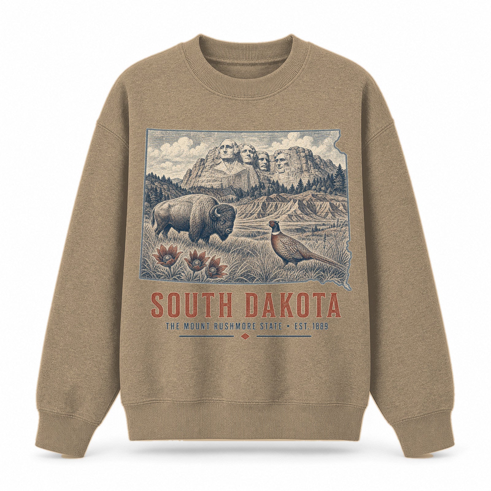 Vintage South Dakota State Graphic Crewneck Sweatshirt in Khaki, front view on a white background