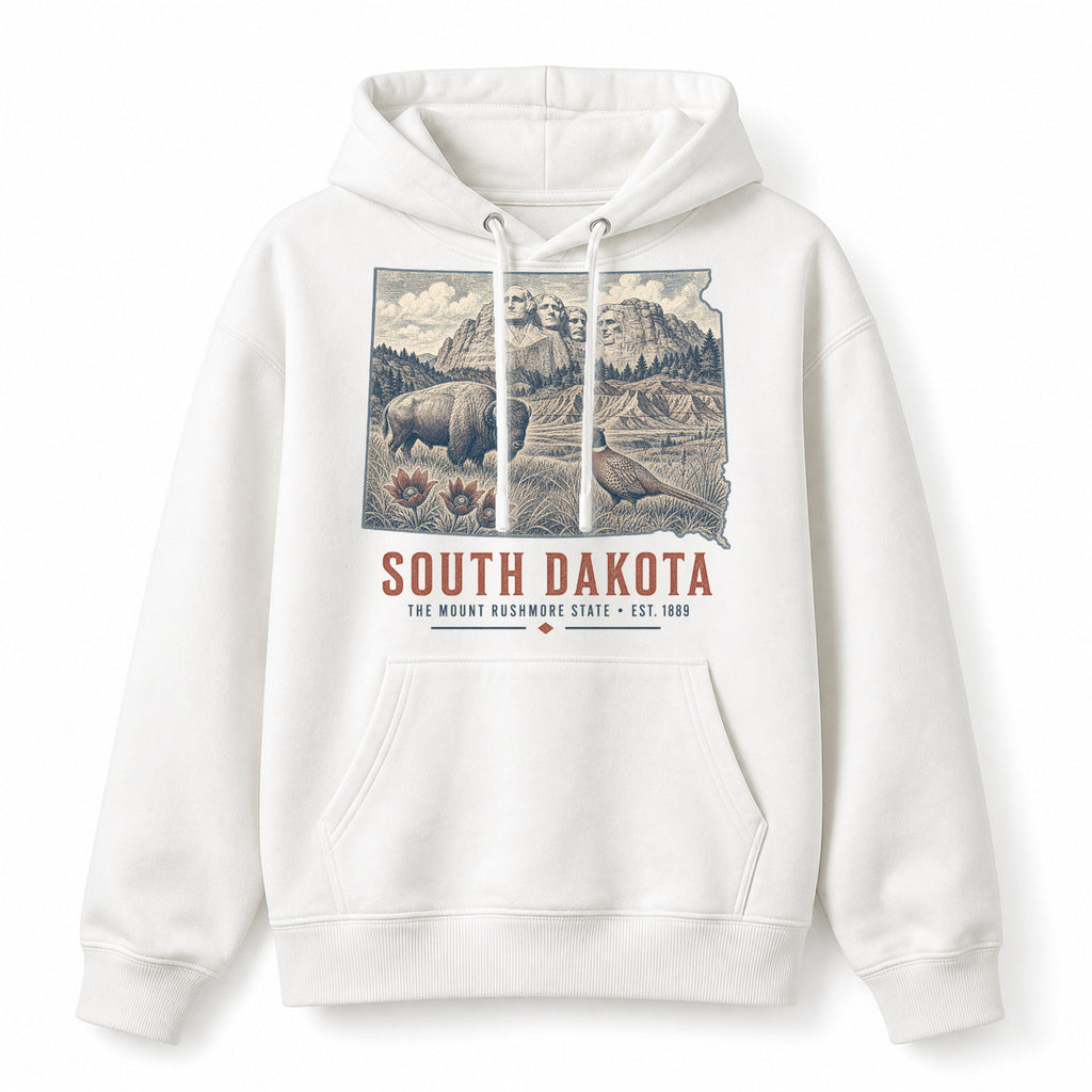 Vintage South Dakota State Graphic Pullover Hoodie in White, front view on a white background