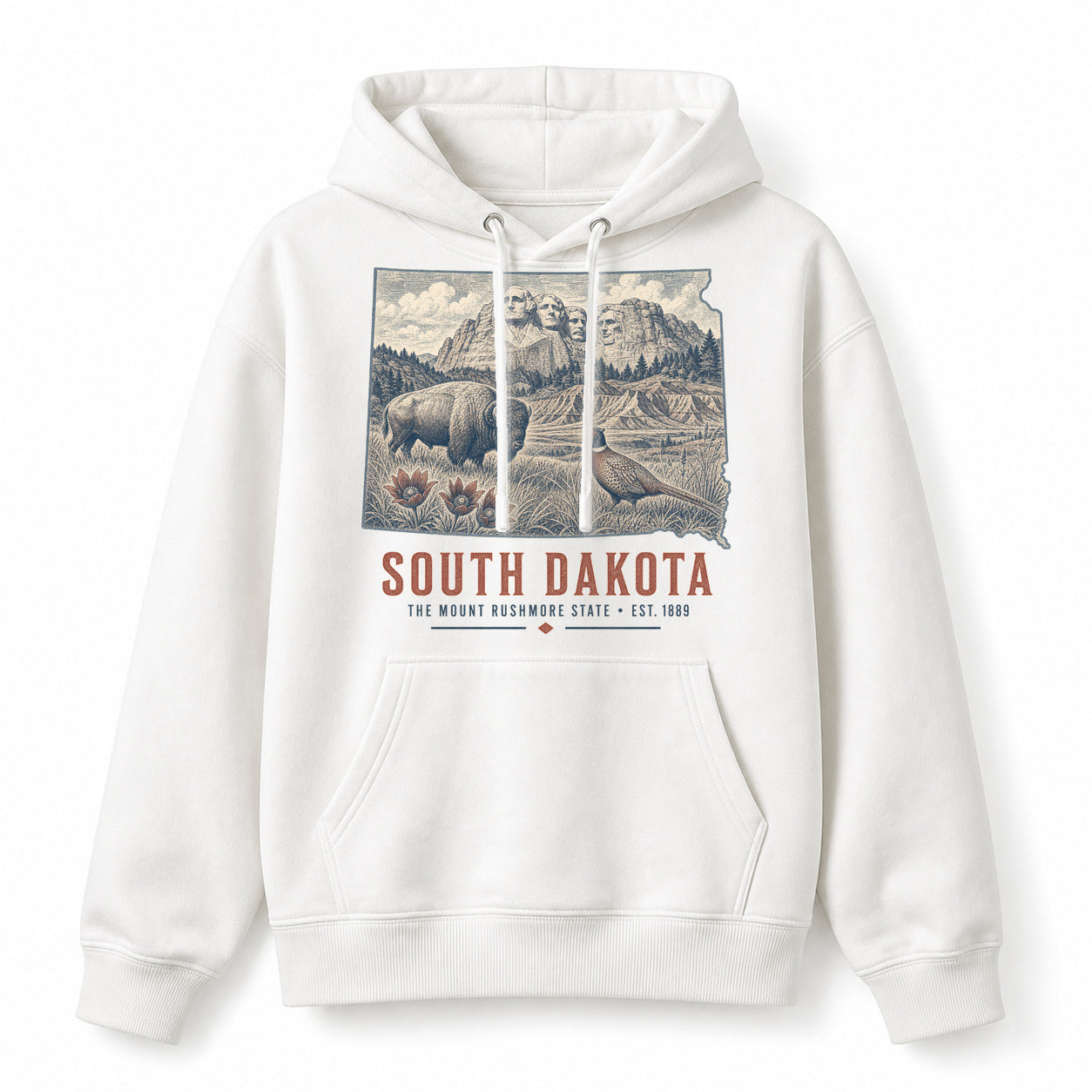 Vintage South Dakota State Graphic Pullover Hoodie in White, front view on a white background