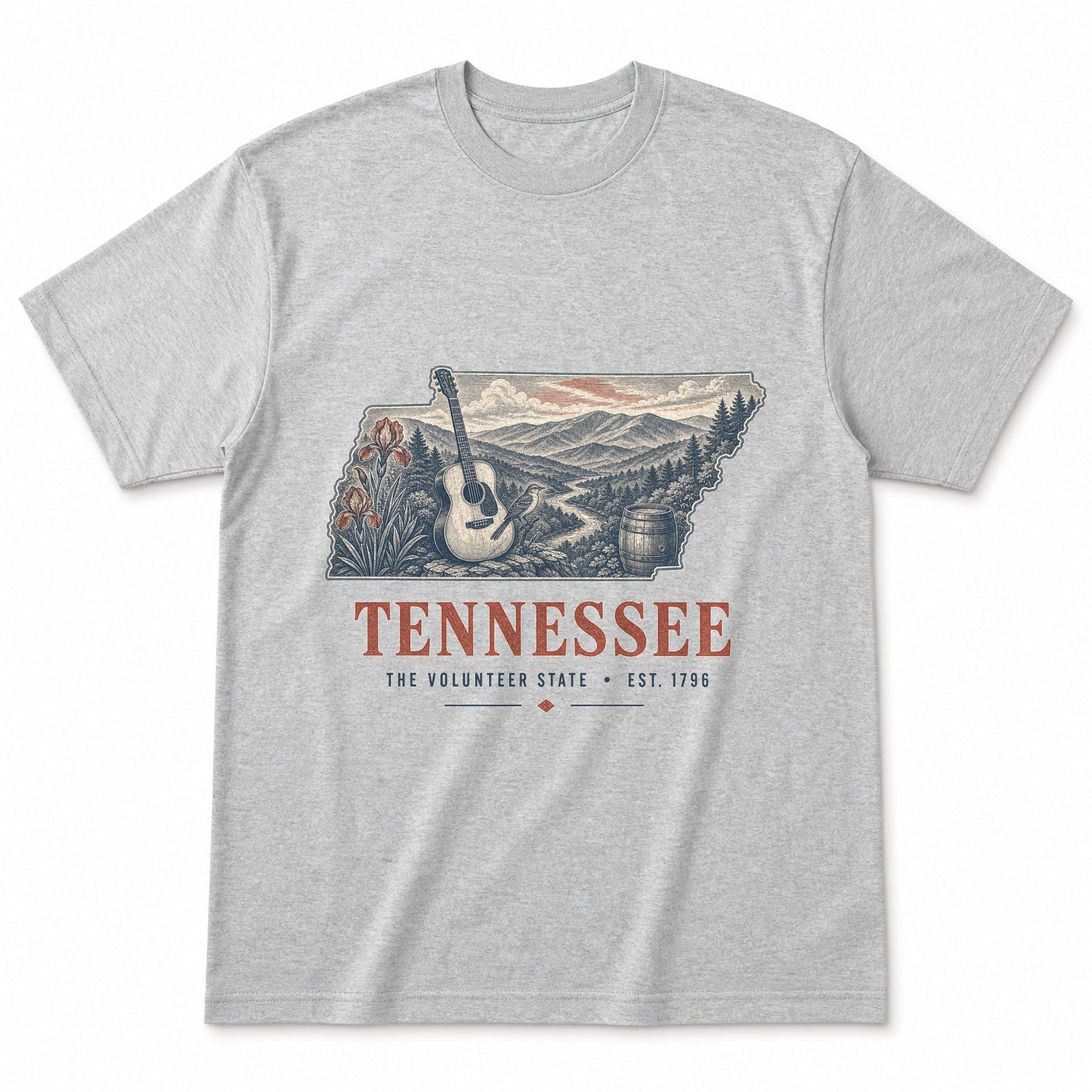 Vintage Tennessee State Graphic T-Shirt in Heather Gray, front view on a white background