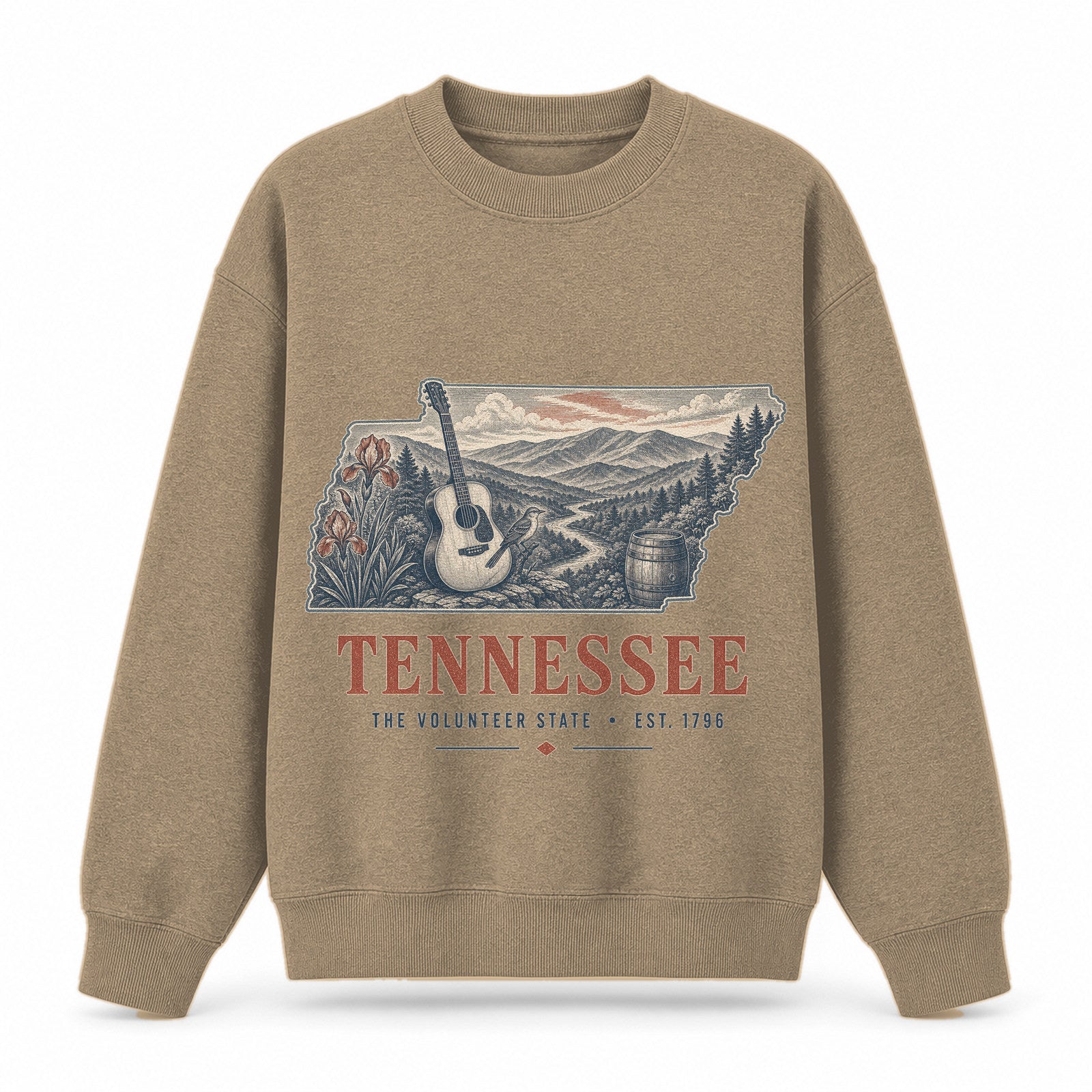 Vintage Tennessee State Graphic Crewneck Sweatshirt in Khaki, front view on a white background
