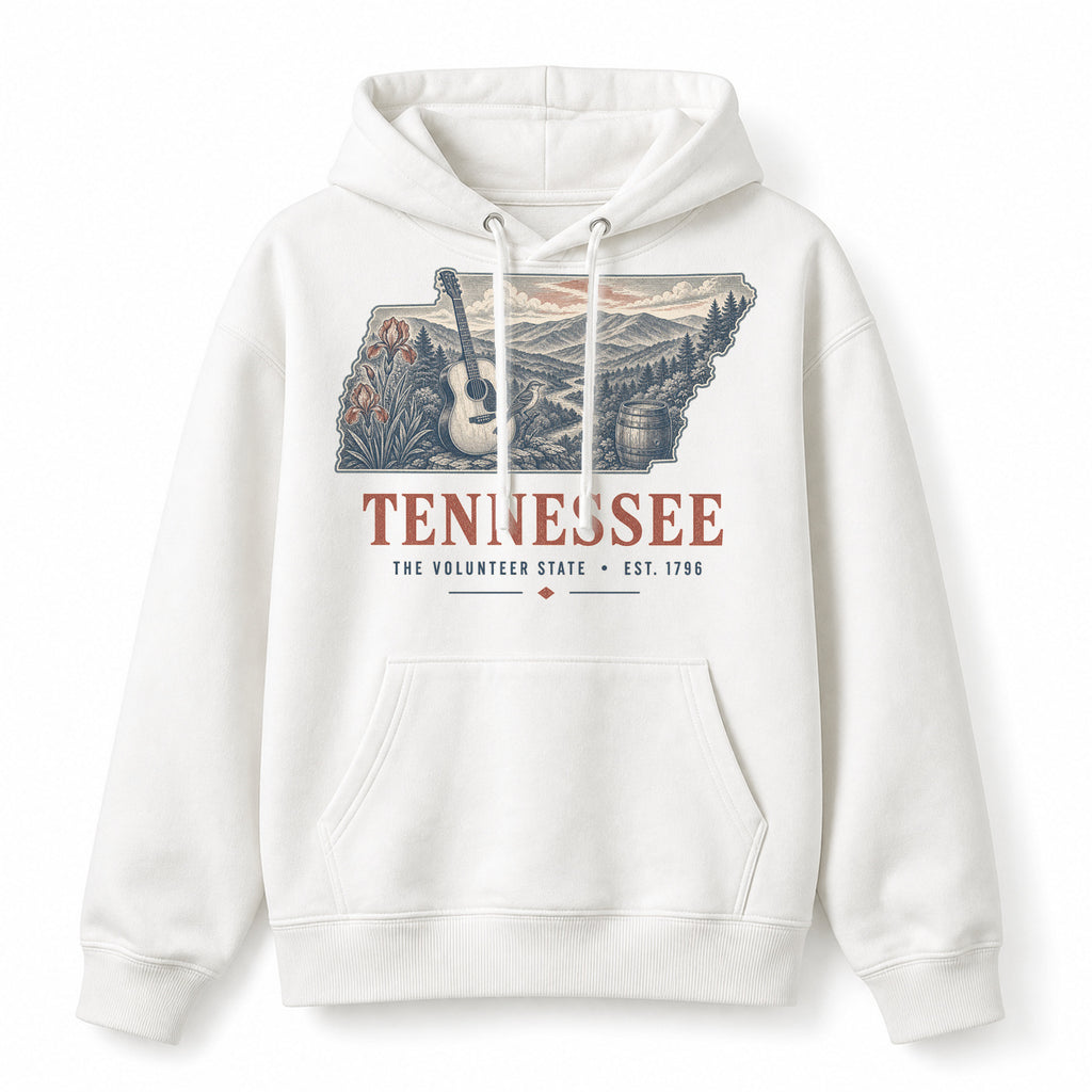 Vintage Tennessee State Graphic Pullover Hoodie in White, front view on a white background