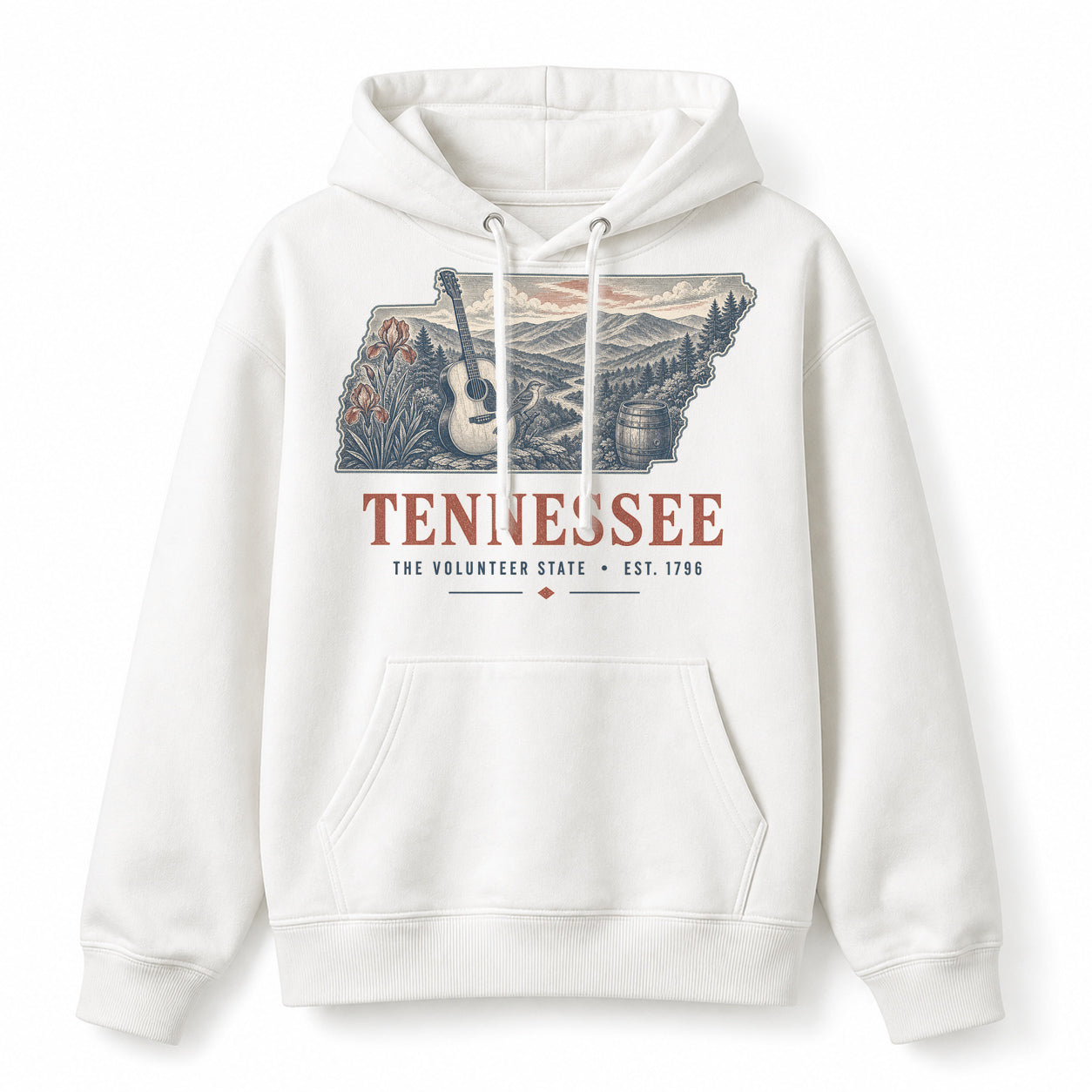 Vintage Tennessee State Graphic Pullover Hoodie in White, front view on a white background