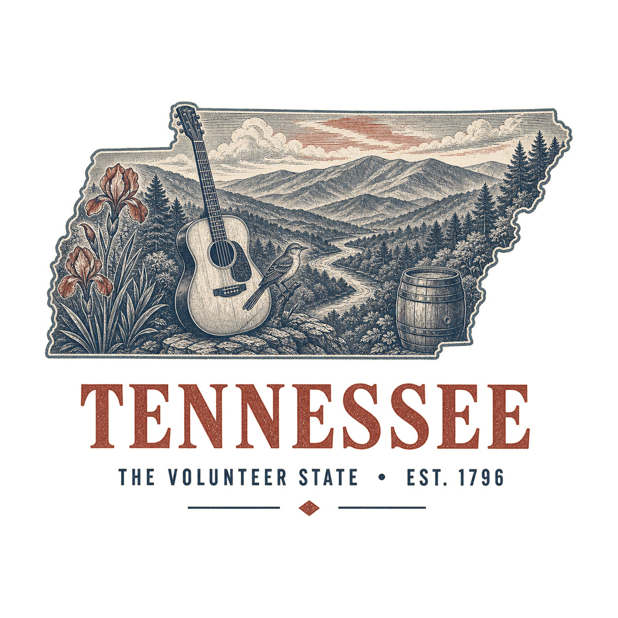 Tennessee vintage state artwork on a white background