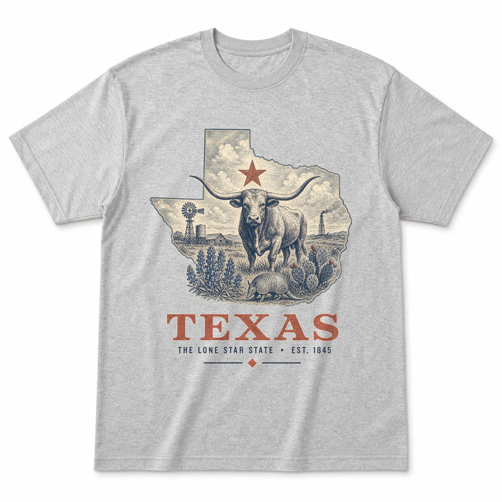 Vintage Texas State Graphic T-Shirt in Heather Gray, front view on a white background