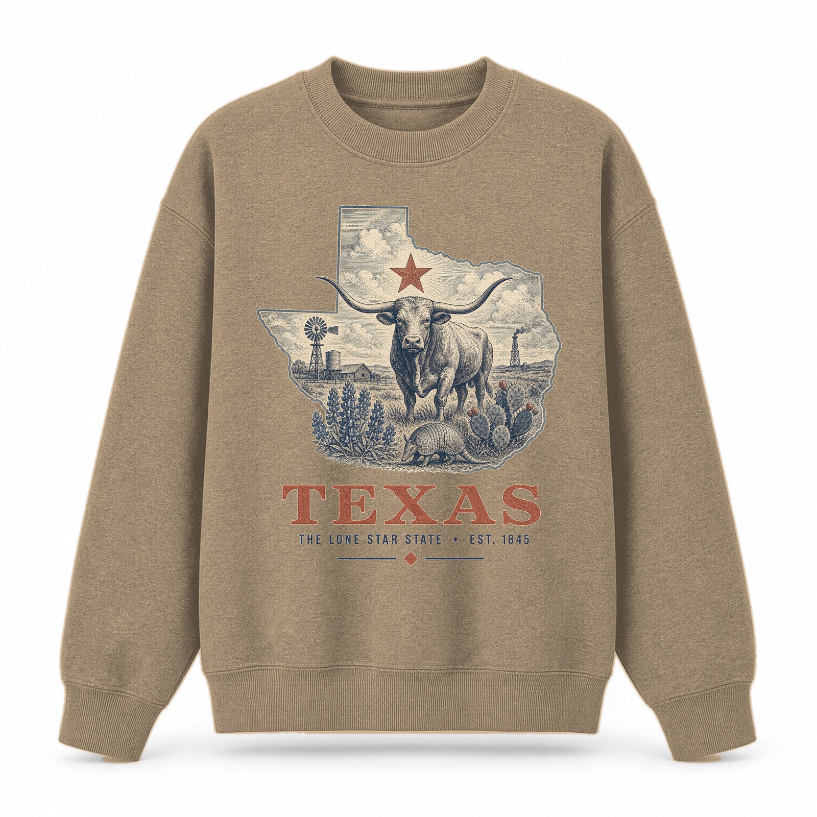 Vintage Texas State Graphic Crewneck Sweatshirt in Khaki, front view on a white background