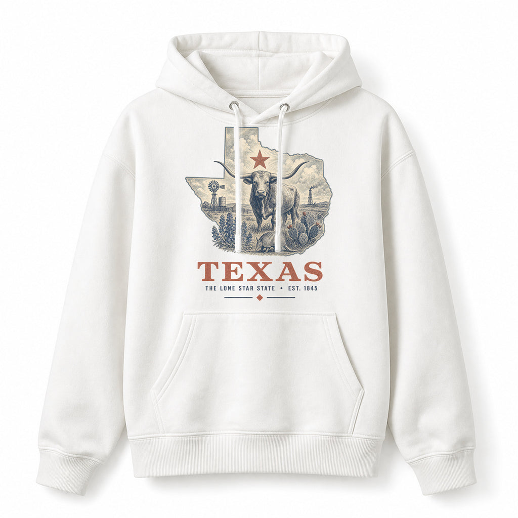 Vintage Texas State Graphic Pullover Hoodie in White, front view on a white background
