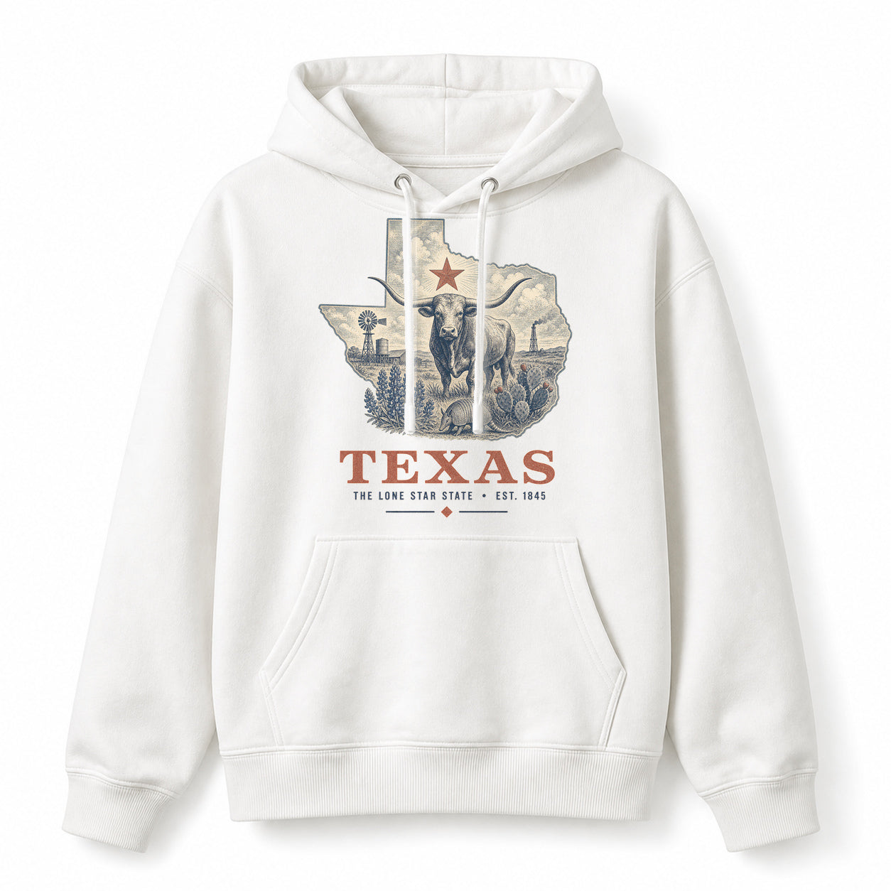 Vintage Texas State Graphic Pullover Hoodie in White, front view on a white background