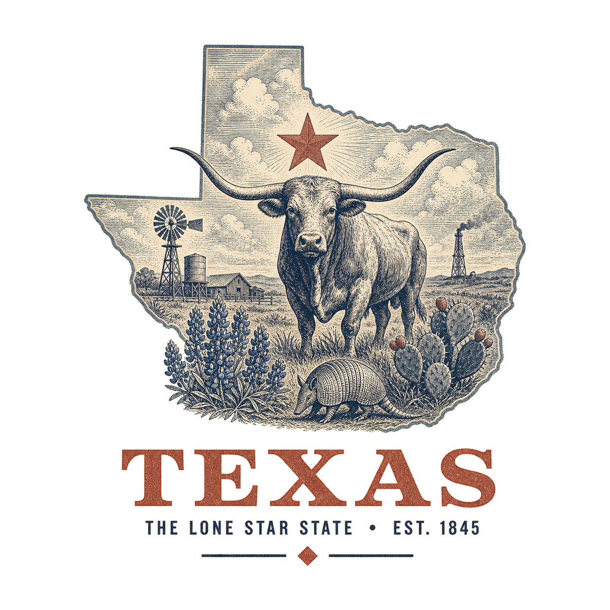 Texas vintage state artwork on a white background