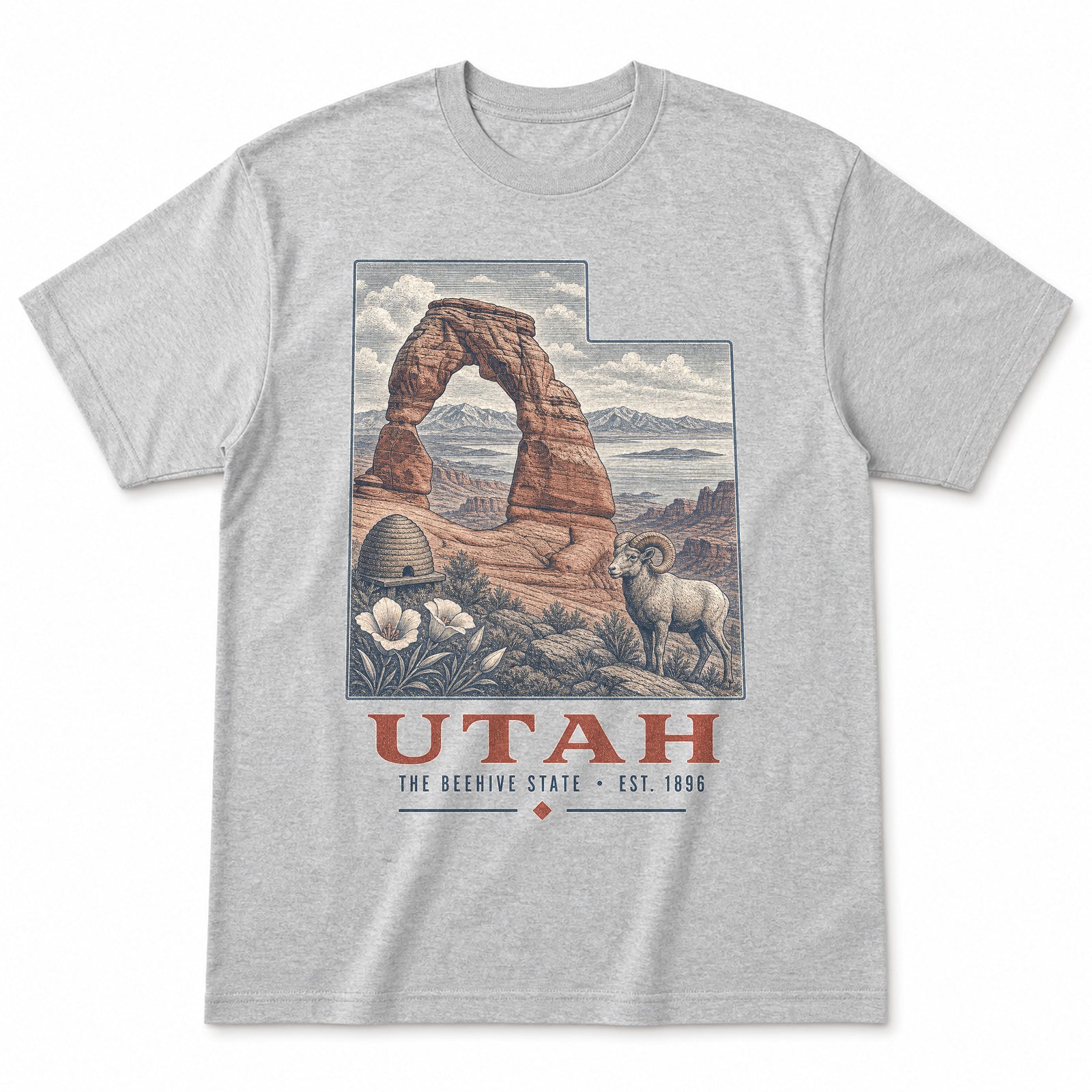 Vintage Utah State Graphic T-Shirt in Heather Gray, front view on a white background