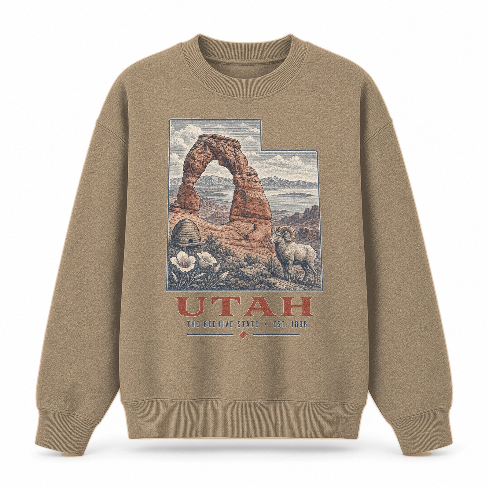 Vintage Utah State Graphic Crewneck Sweatshirt in Khaki, front view on a white background