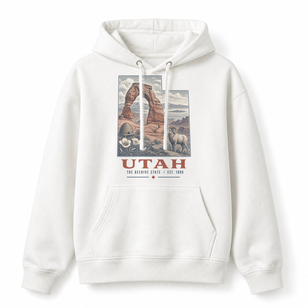 Vintage Utah State Graphic Pullover Hoodie in White, front view on a white background