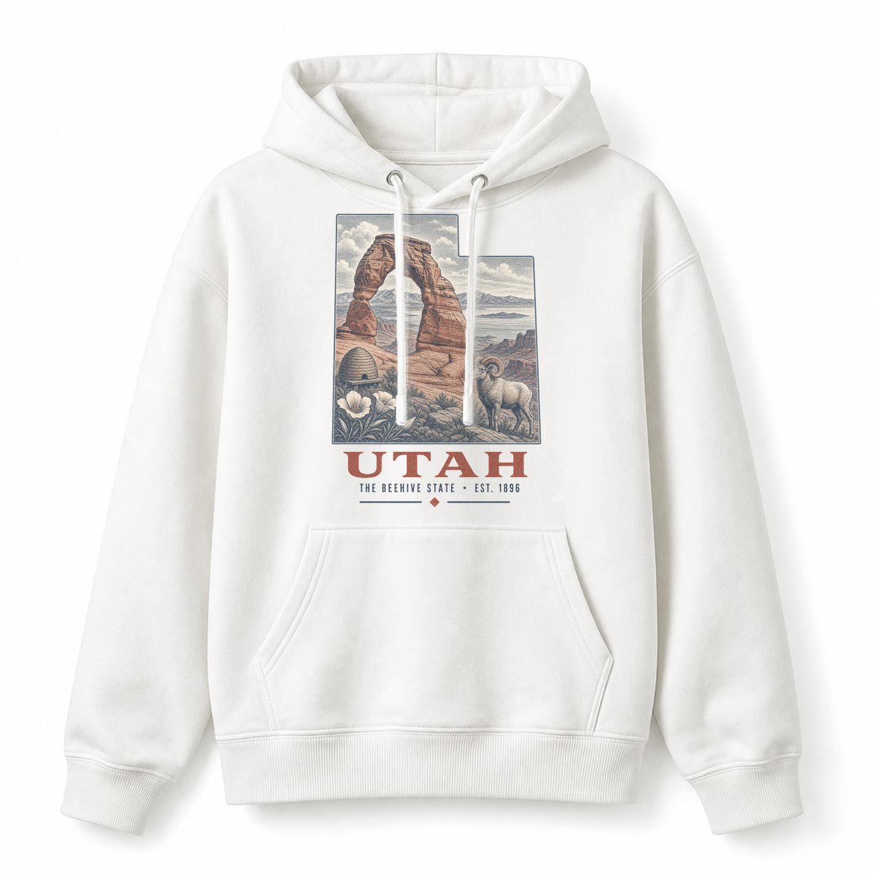 Vintage Utah State Graphic Pullover Hoodie in White, front view on a white background