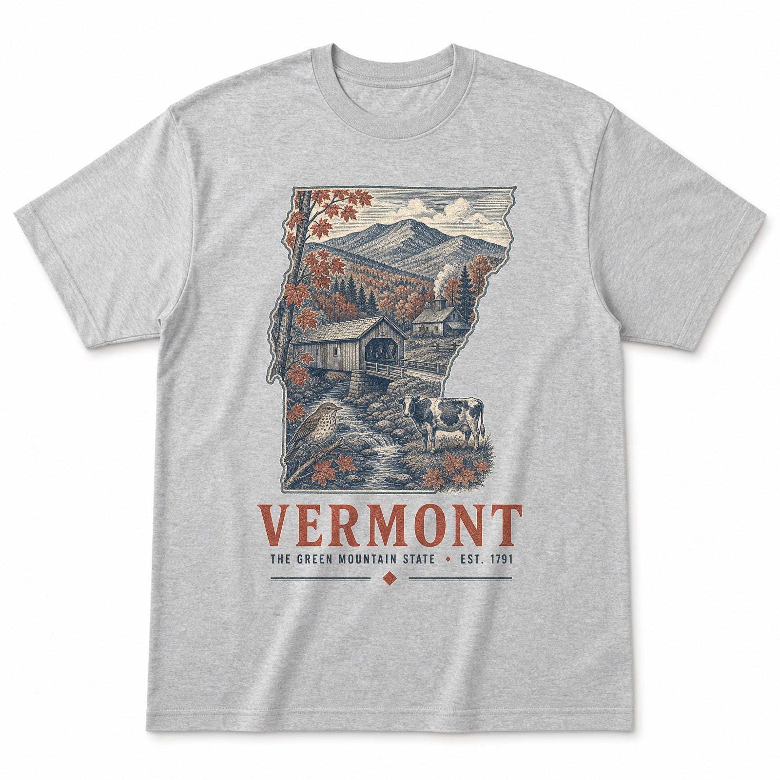 Vintage Vermont State Graphic T-Shirt in Heather Gray, front view on a white background