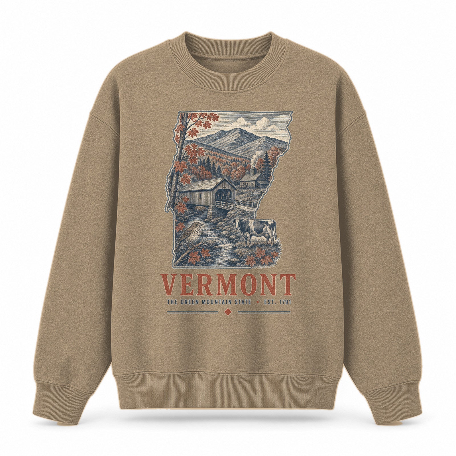 Vintage Vermont State Graphic Crewneck Sweatshirt in Khaki, front view on a white background