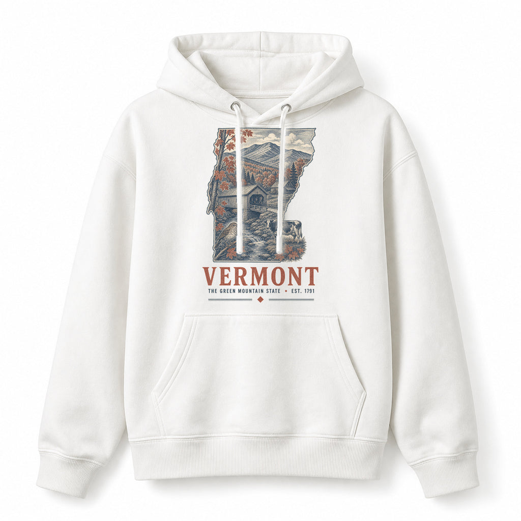Vintage Vermont State Graphic Pullover Hoodie in White, front view on a white background