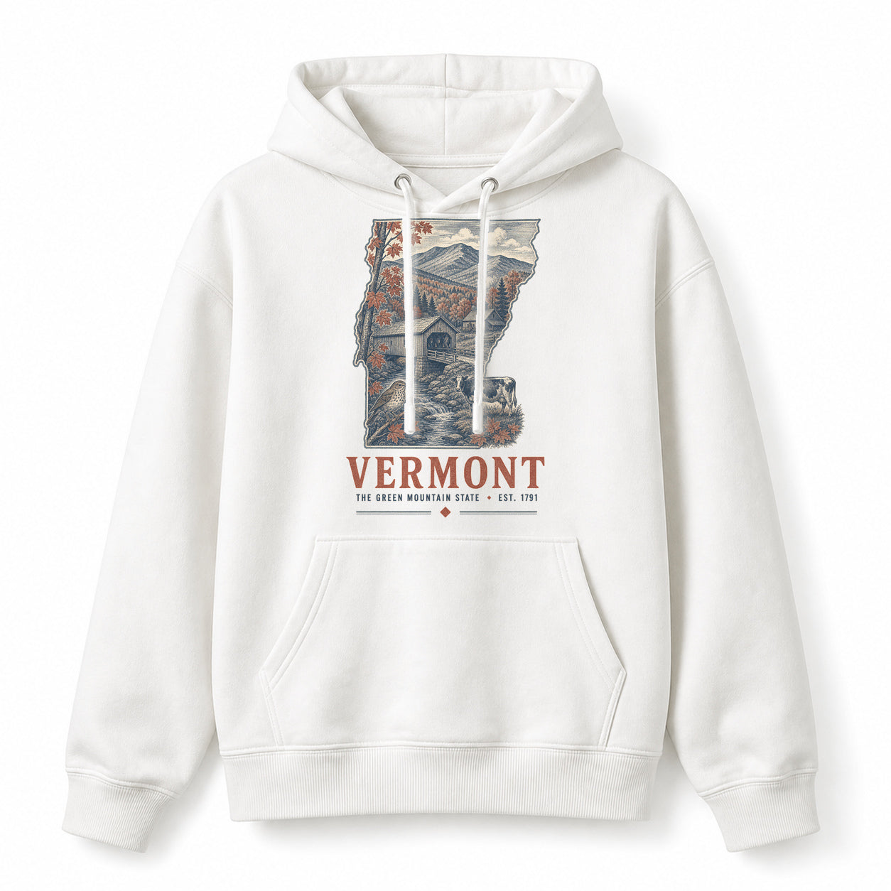 Vintage Vermont State Graphic Pullover Hoodie in White, front view on a white background