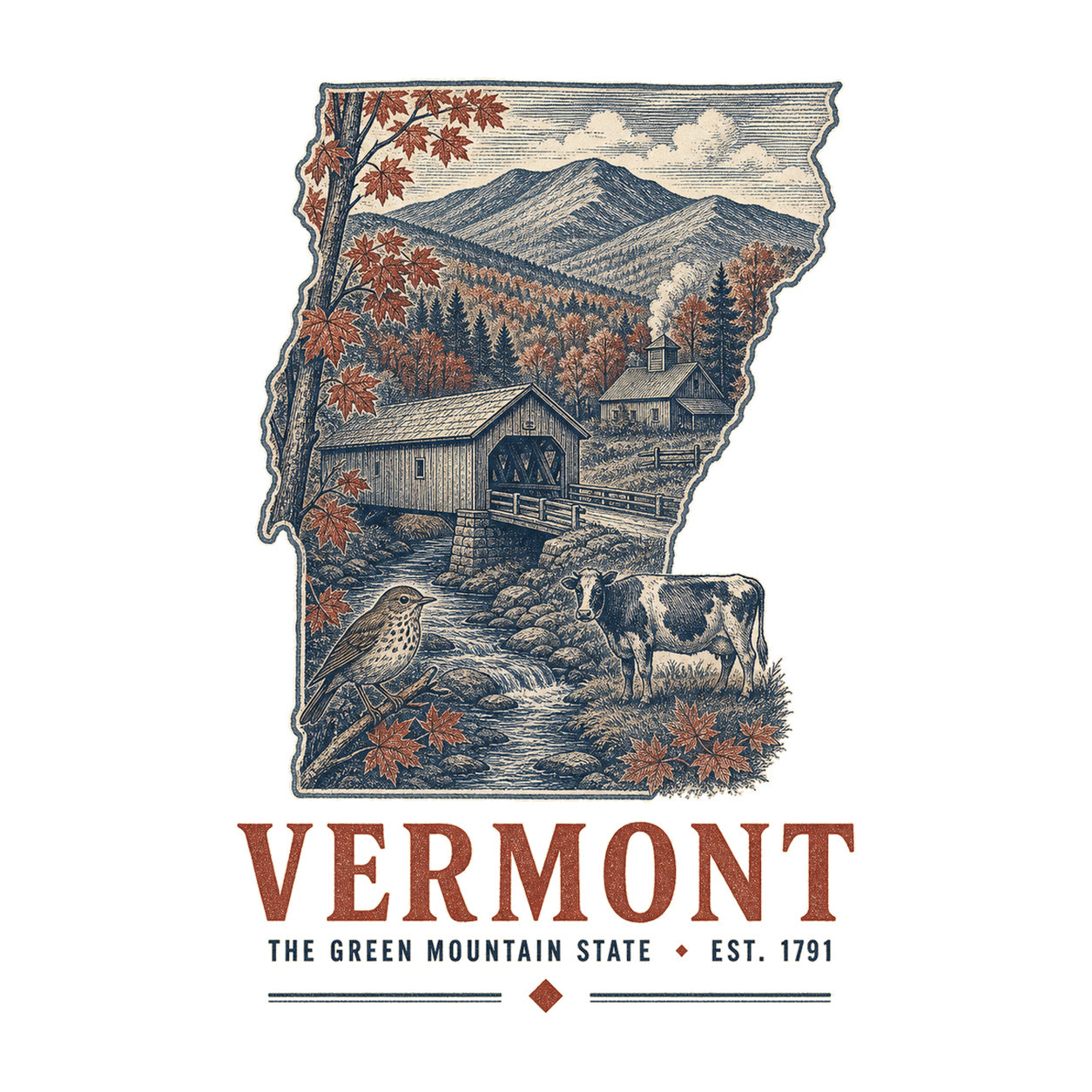 Vermont vintage state artwork on a white background