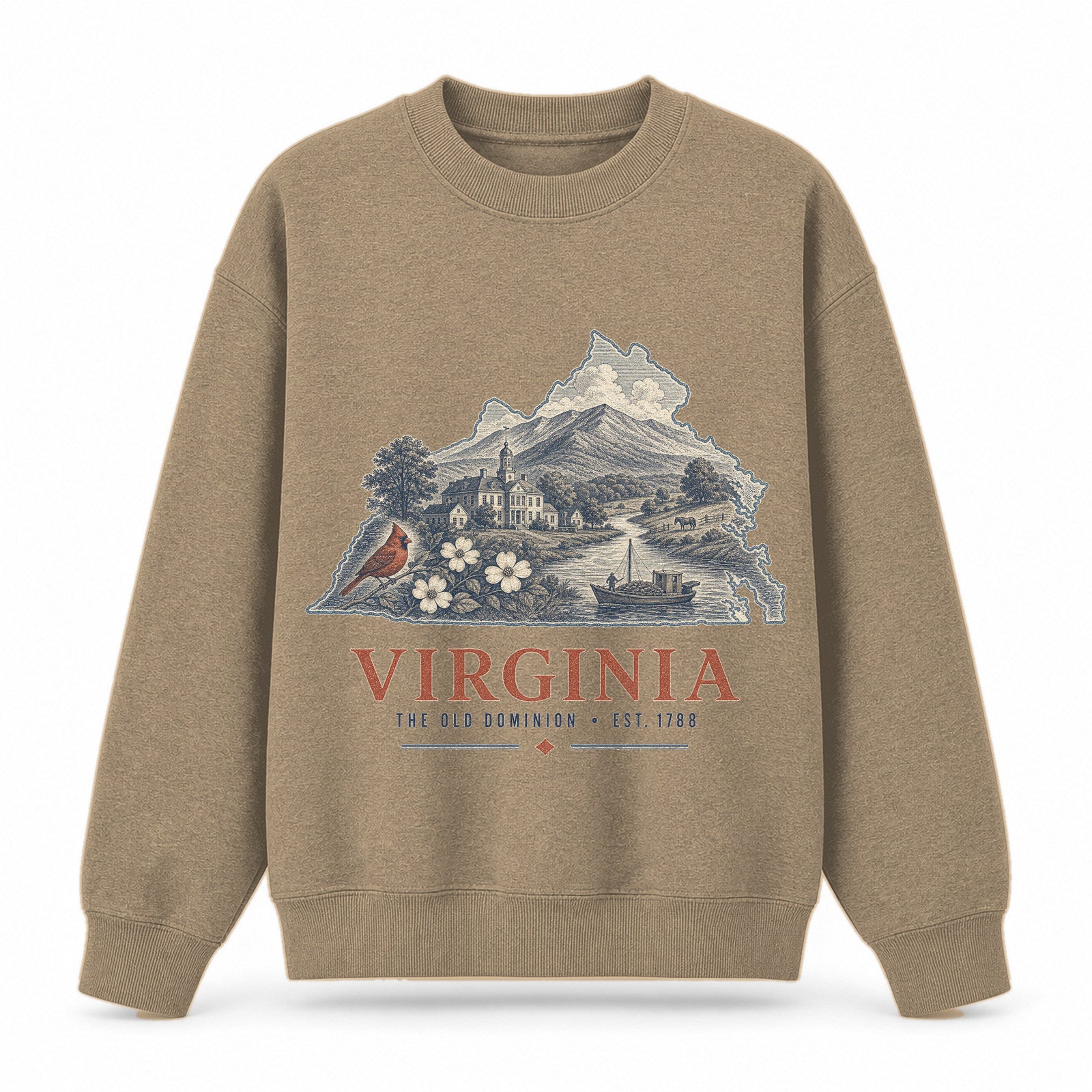 Vintage Virginia State Graphic Crewneck Sweatshirt in Khaki, front view on a white background