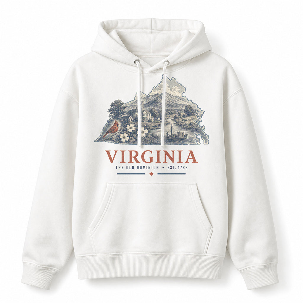 Vintage Virginia State Graphic Pullover Hoodie in White, front view on a white background