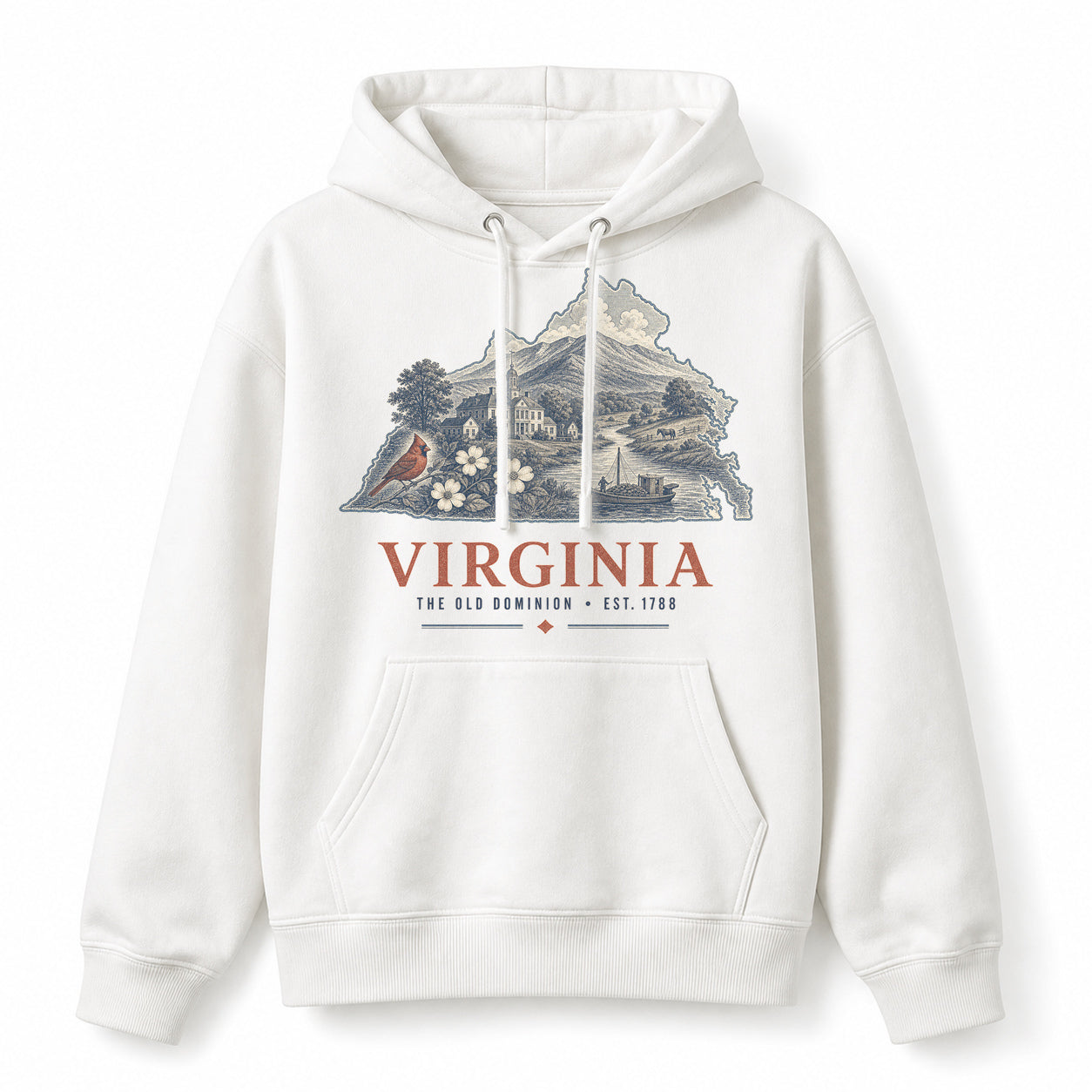 Vintage Virginia State Graphic Pullover Hoodie in White, front view on a white background