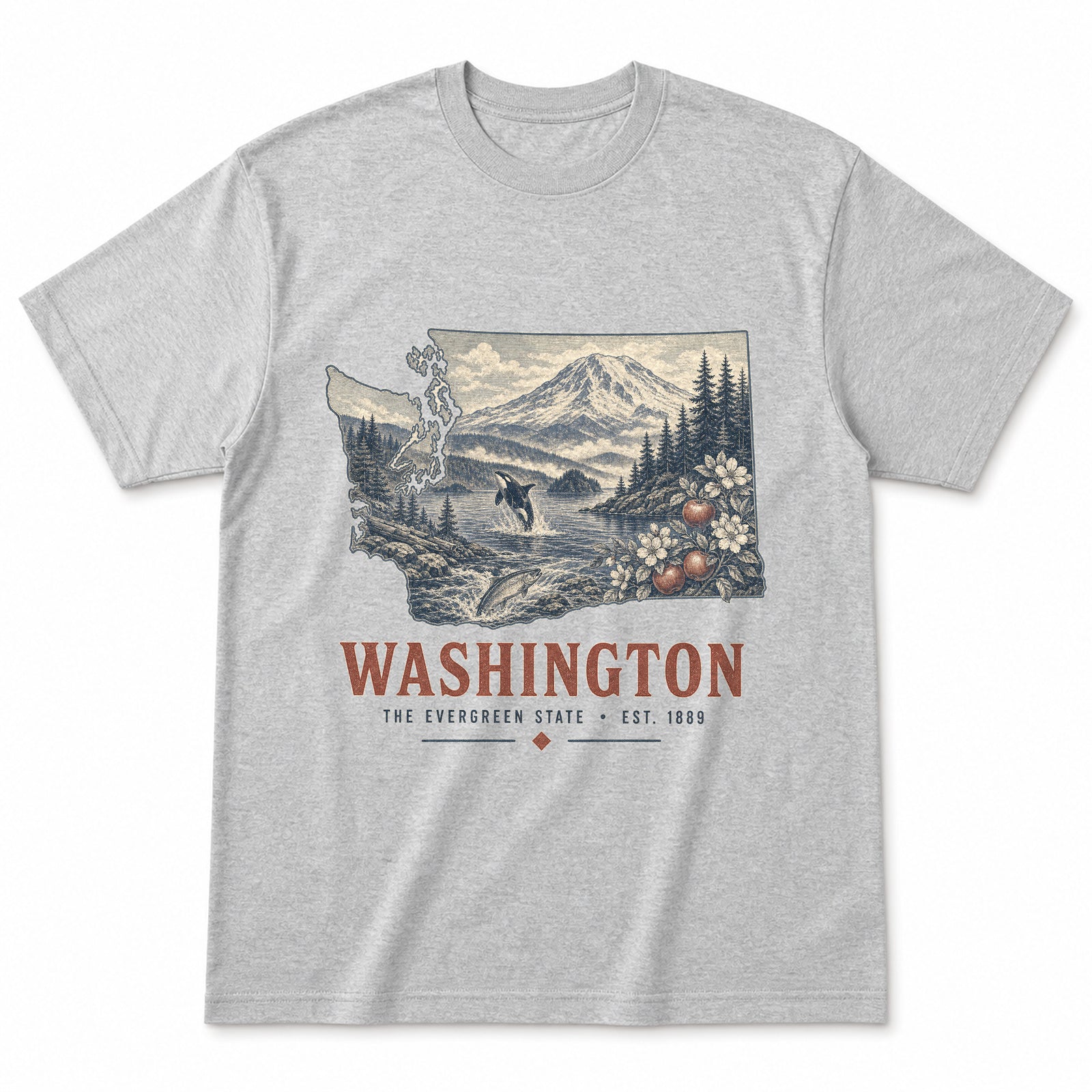 Vintage Washington State Graphic T-Shirt in Heather Gray, front view on a white background