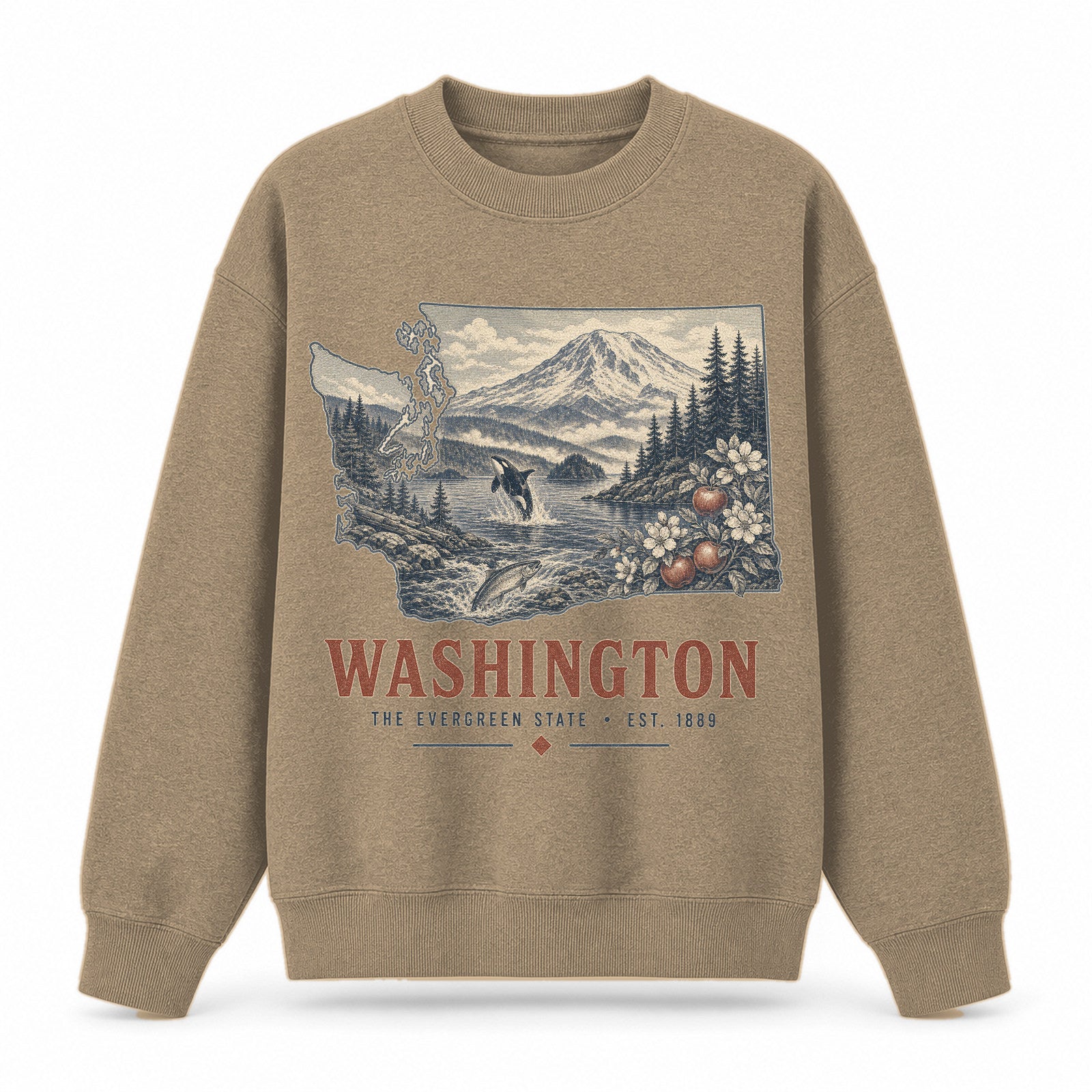 Vintage Washington State Graphic Crewneck Sweatshirt in Khaki, front view on a white background