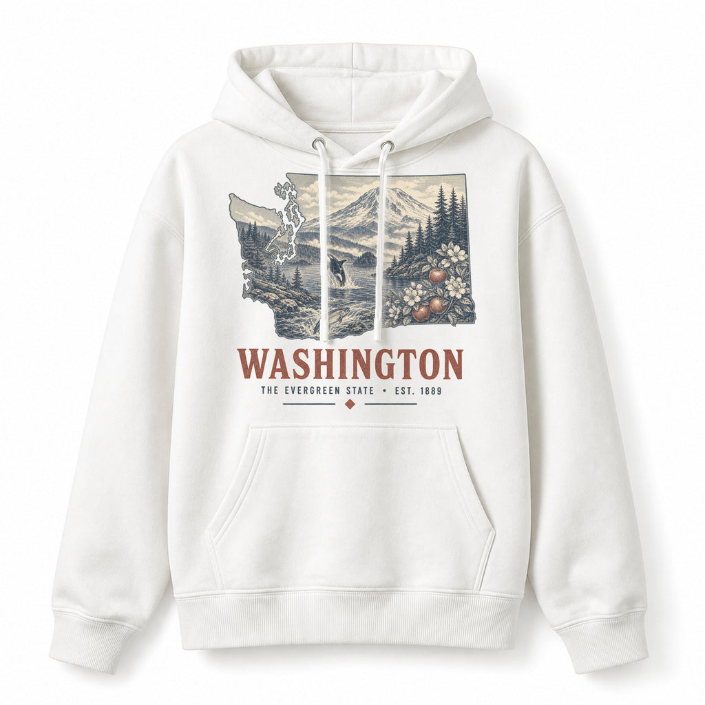 Vintage Washington State Graphic Pullover Hoodie in White, front view on a white background