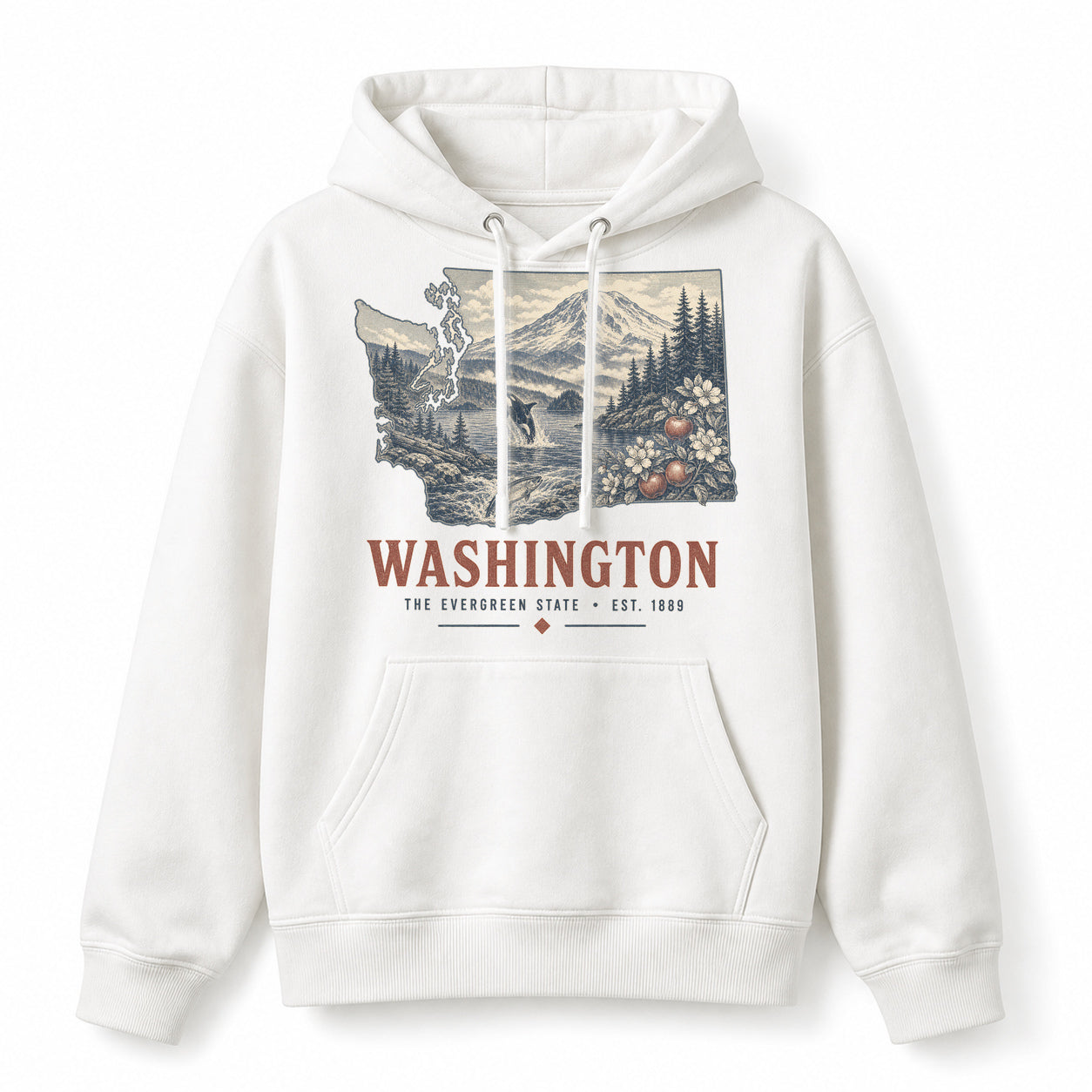 Vintage Washington State Graphic Pullover Hoodie in White, front view on a white background