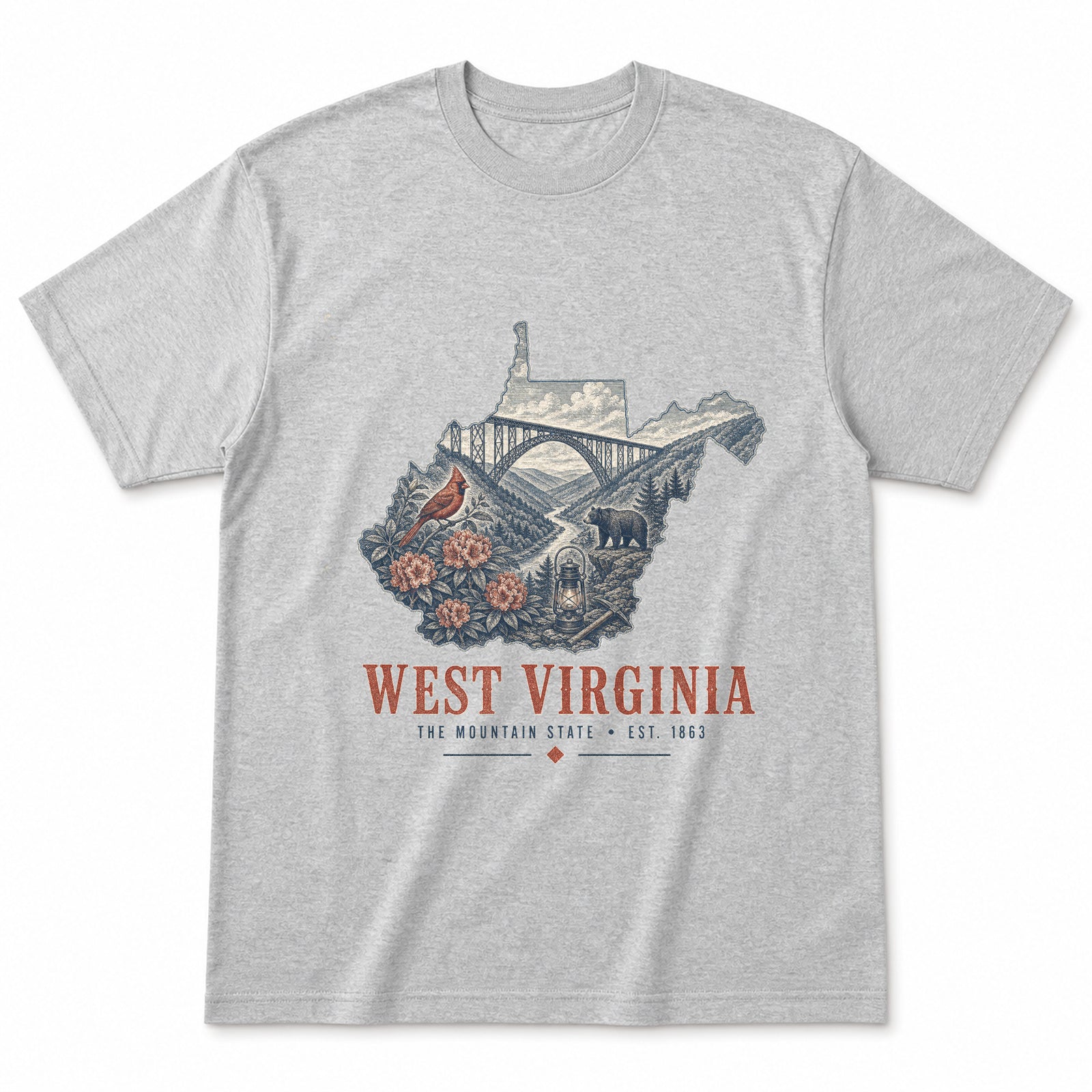 Vintage West Virginia State Graphic T-Shirt in Heather Gray, front view on a white background