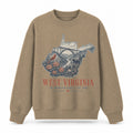 Vintage West Virginia State Graphic Crewneck Sweatshirt in Khaki, front view on a white background
