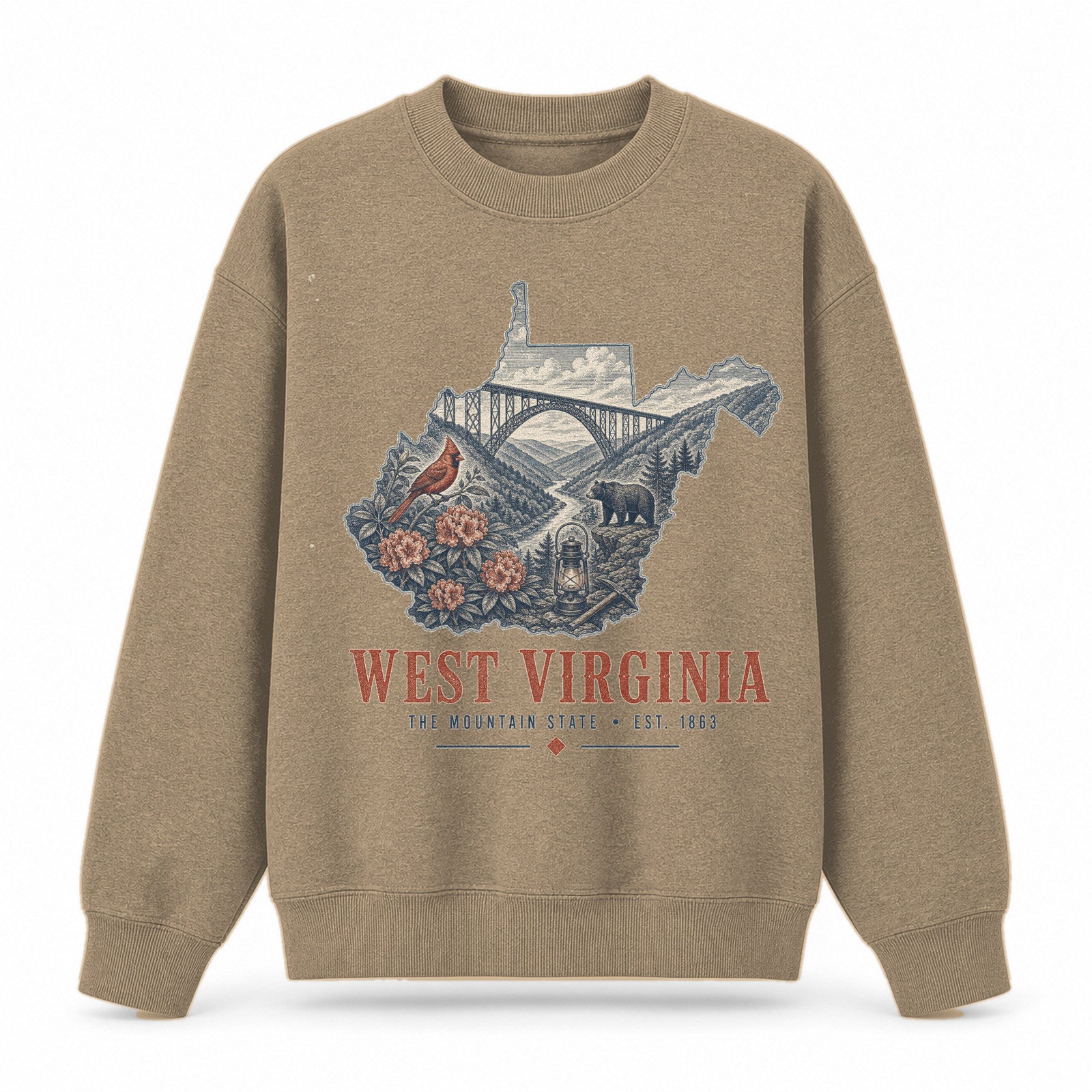 Vintage West Virginia State Graphic Crewneck Sweatshirt in Khaki, front view on a white background
