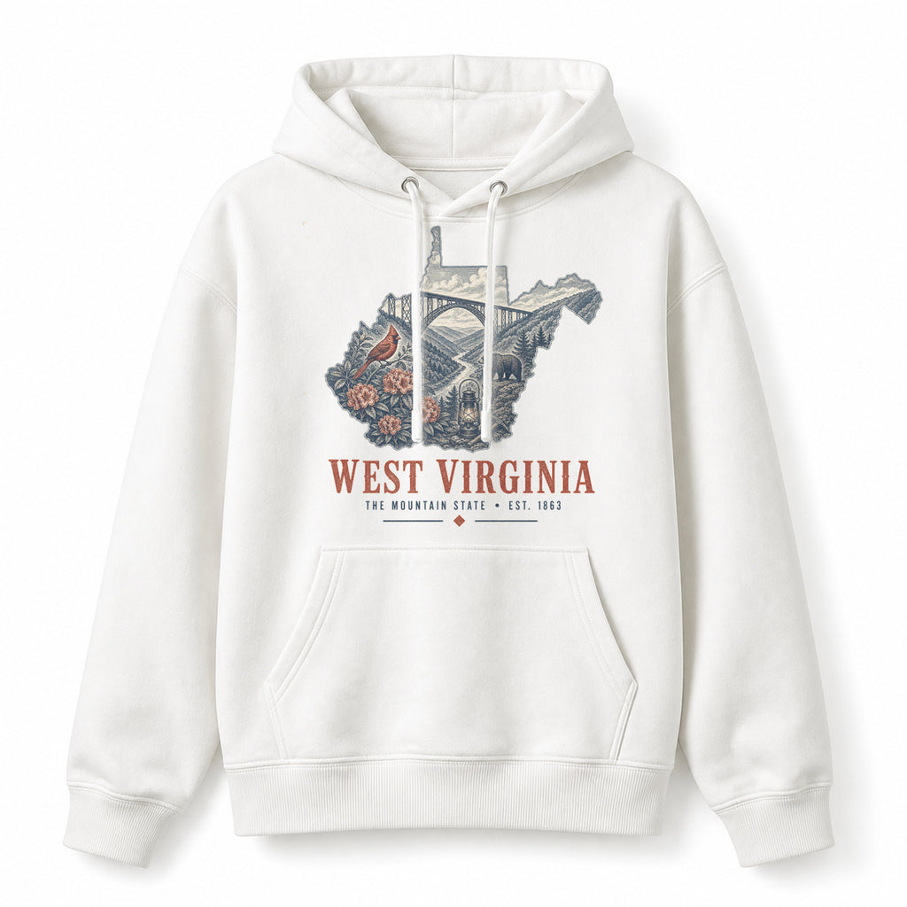 Vintage West Virginia State Graphic Pullover Hoodie in White, front view on a white background