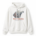 Vintage West Virginia State Graphic Pullover Hoodie in White, front view on a white background