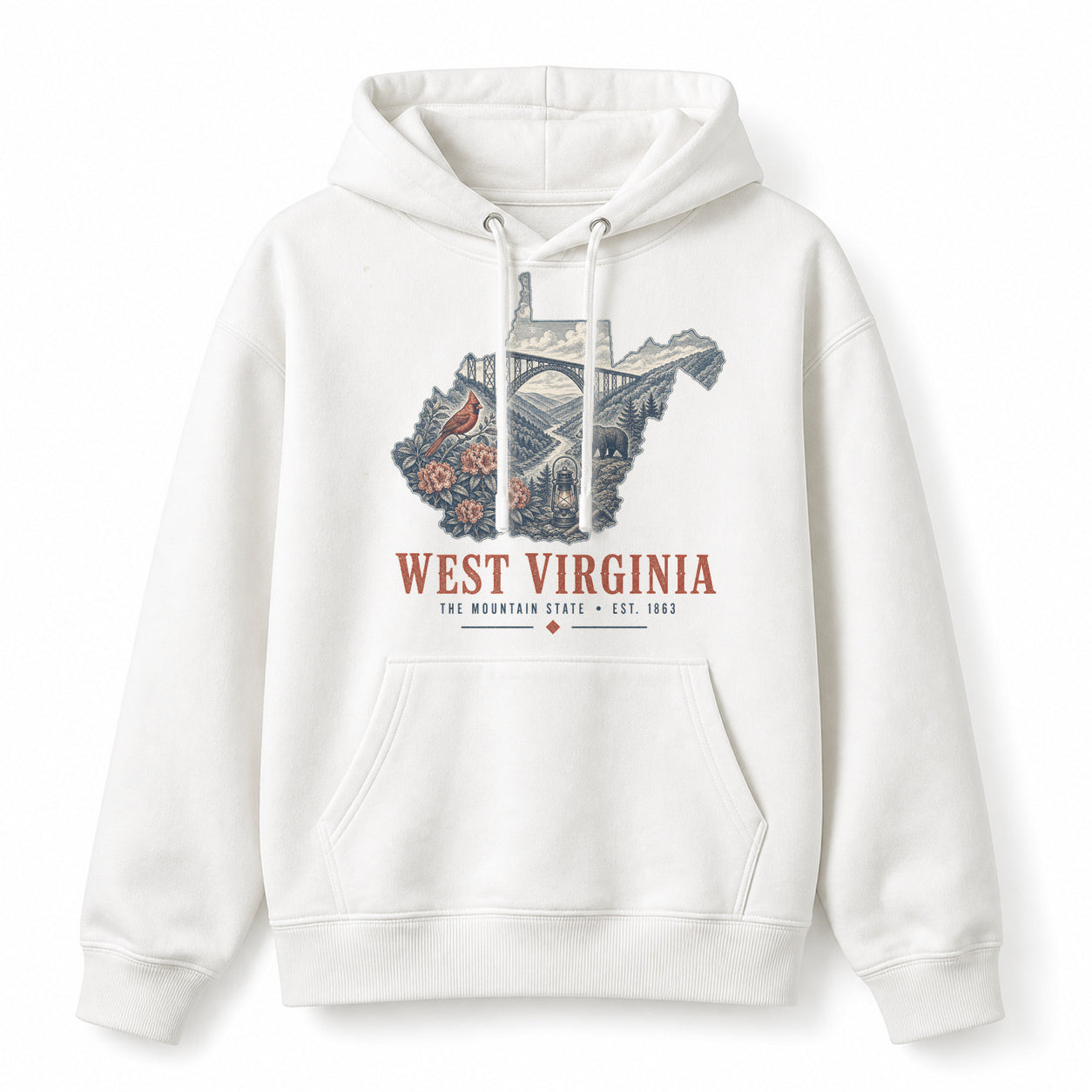 Vintage West Virginia State Graphic Pullover Hoodie in White, front view on a white background