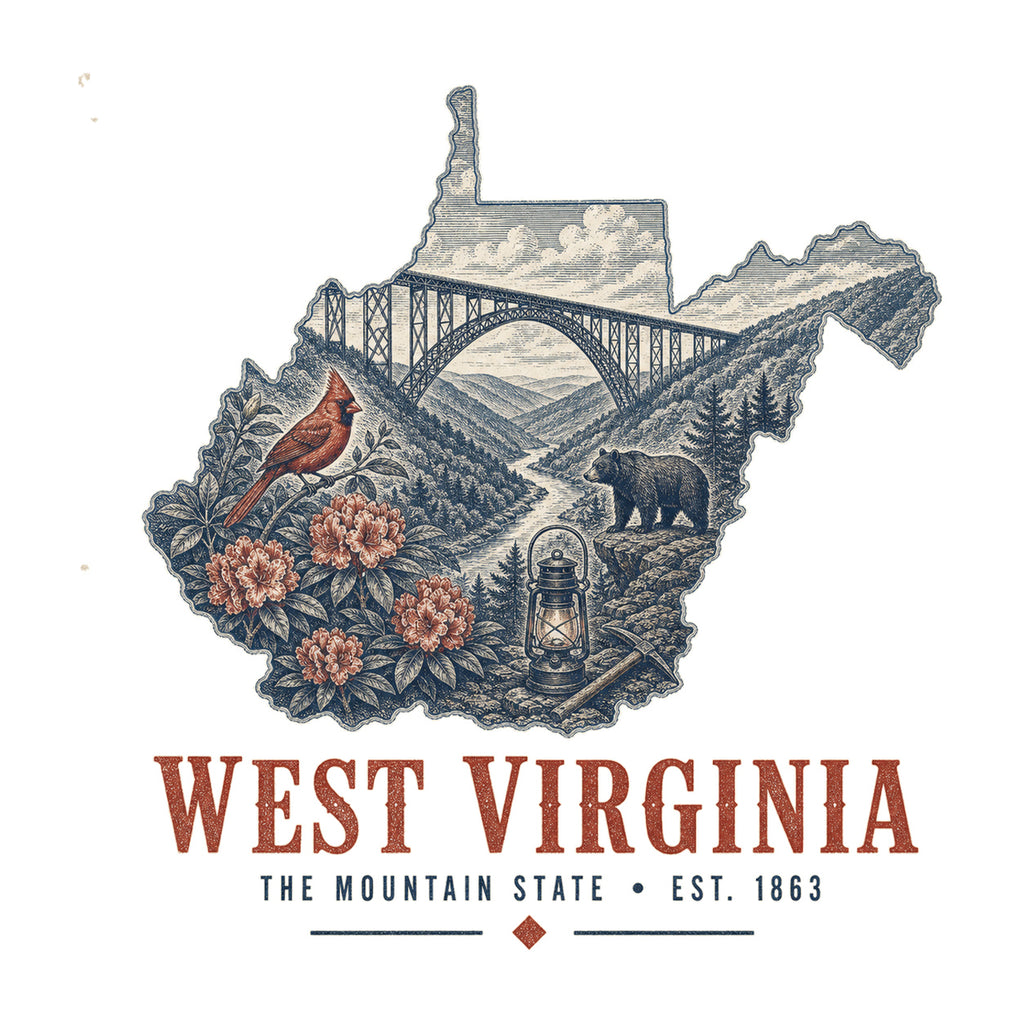 West Virginia vintage state artwork on a white background