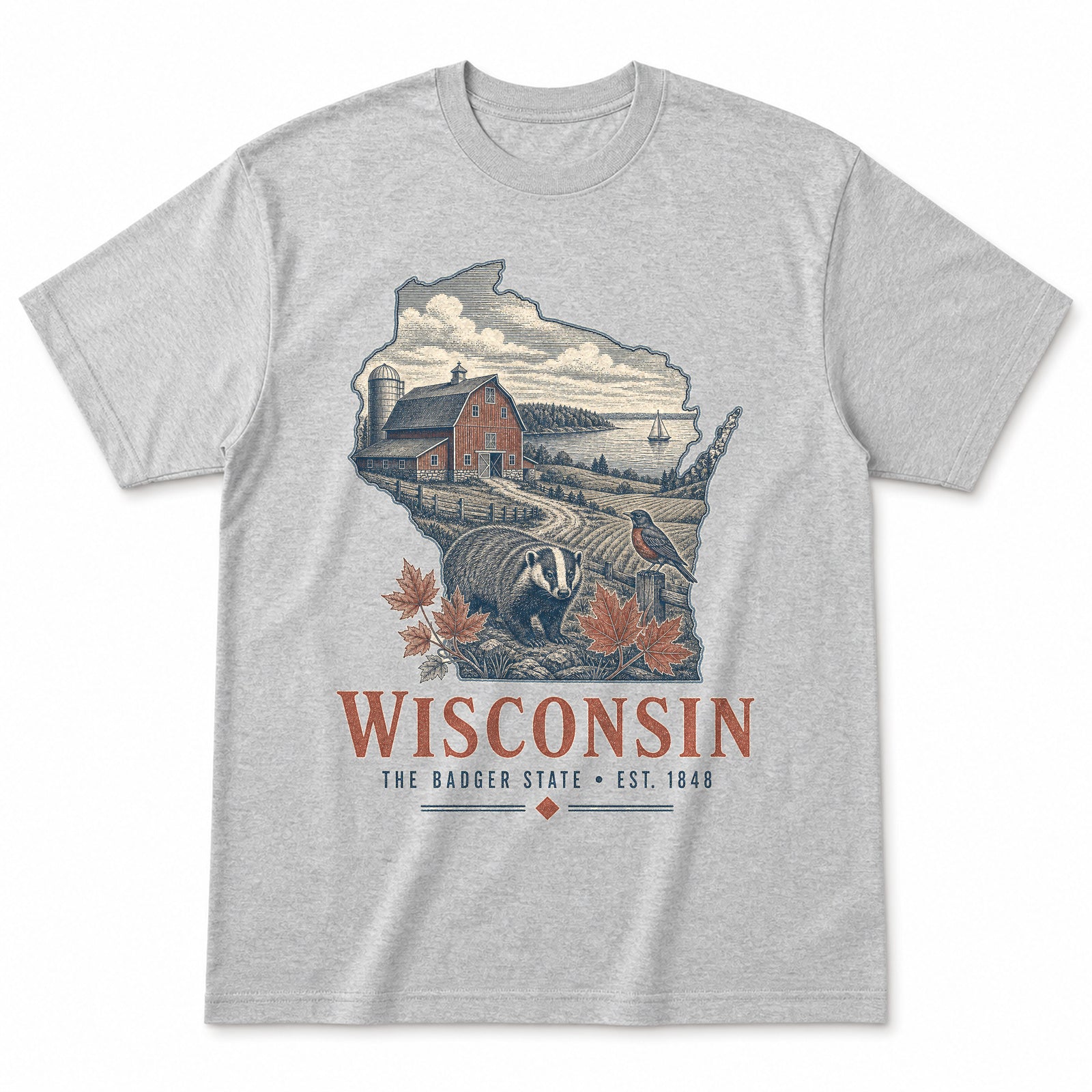 Vintage Wisconsin State Graphic T-Shirt in Heather Gray, front view on a white background